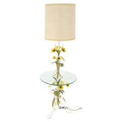 Lampada da terra da tavolo laterale in ferro battuto verniciato con fiori italiani della metà del secolo scorso