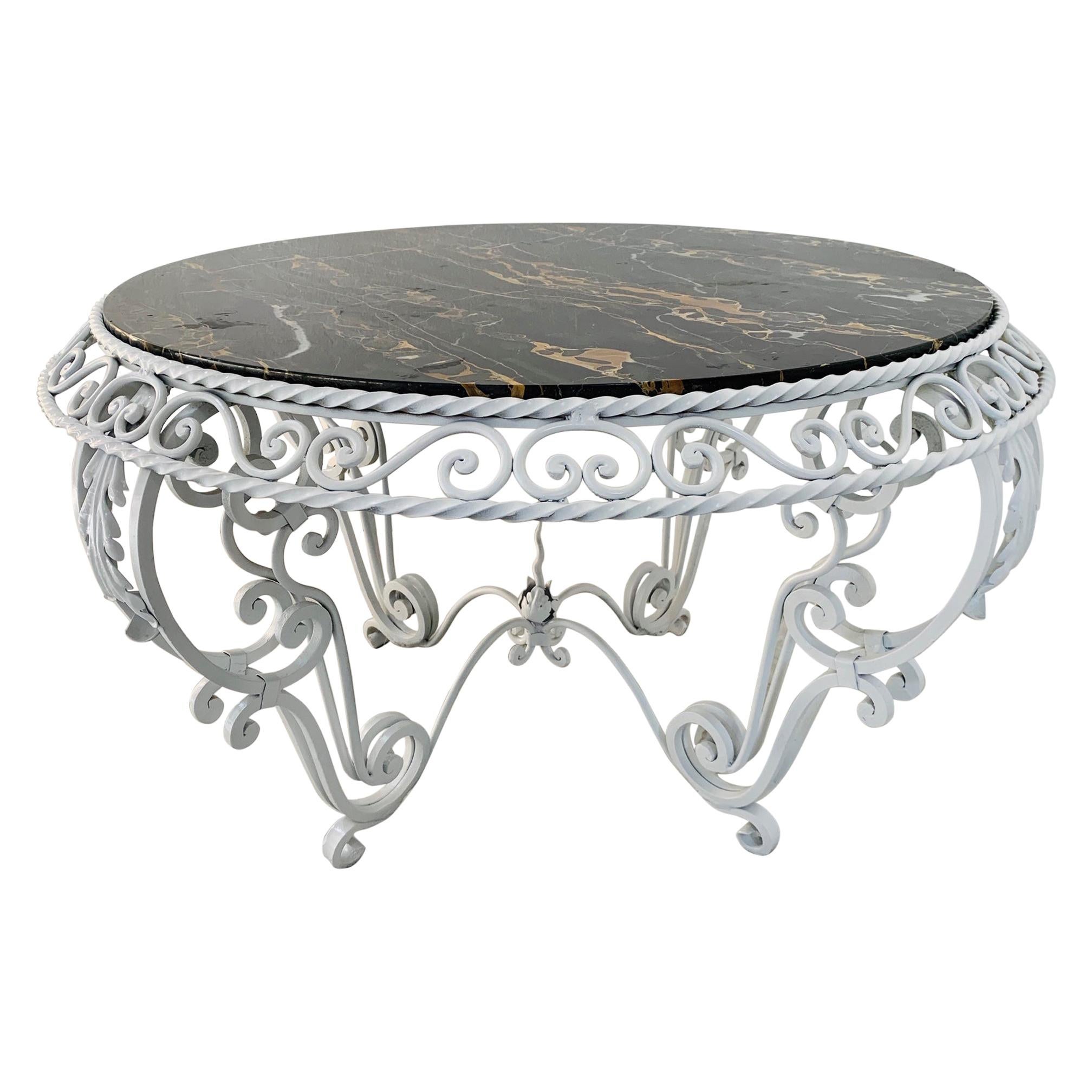 Painted Wrought Iron Marble-Top Coffee Table in the Manner of Gilbert Poillerat