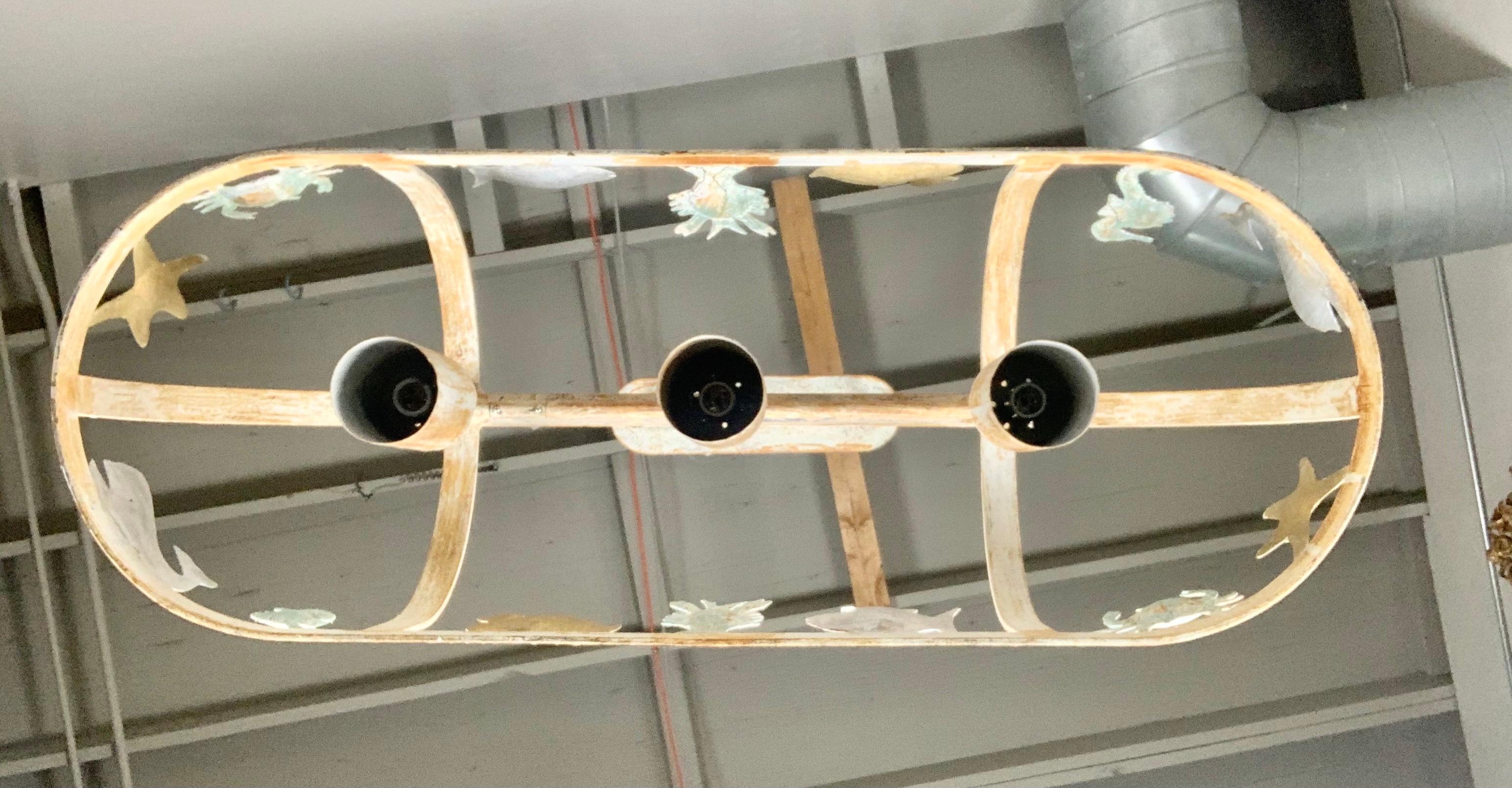 Painted Wrought Iron Ocean Inspired Pot Rack/Ceiling Light In Distressed Condition In Los Angeles, CA