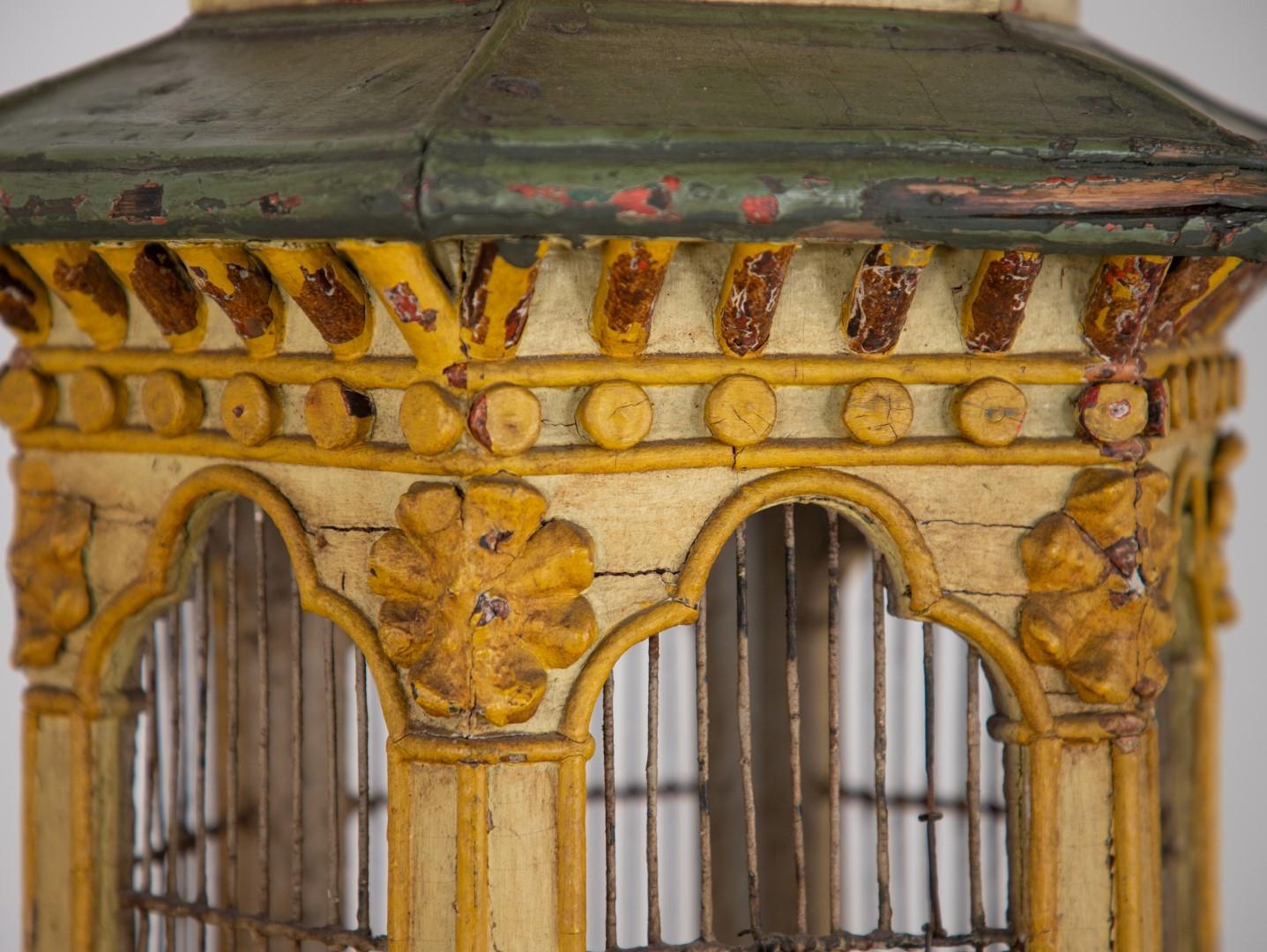 English Painted Yellow and Green Pagoda Birdcage, 1820