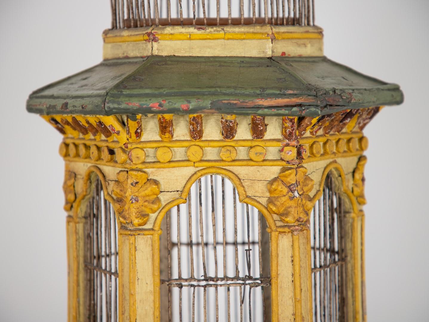 19th Century Painted Yellow and Green Pagoda Birdcage, 1820