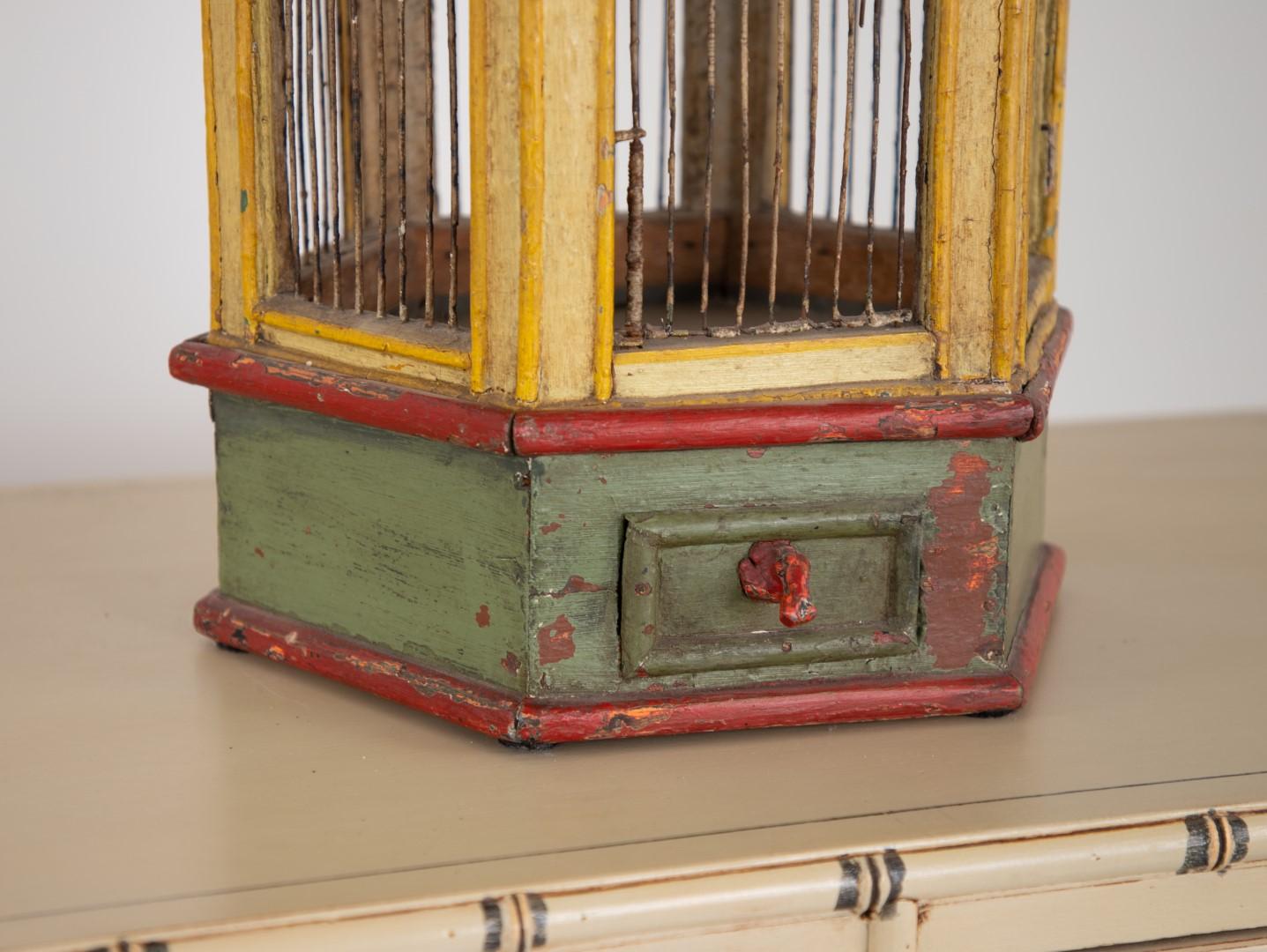 Wood Painted Yellow and Green Pagoda Birdcage, 1820