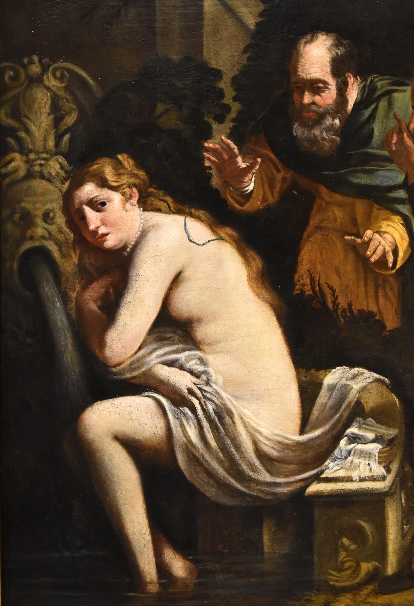 Pittore attivo a Roma all'inizio del XVII secolo
Susanna e i vecchi

Olio su tela
76 x 62 cm.
con cornice 92 x 78 cm.

Questo prezioso dipinto illustra il piccante episodio, tratto dall'Antico Testamento (Daniele, XIII), in cui la virtuosa Susanna,