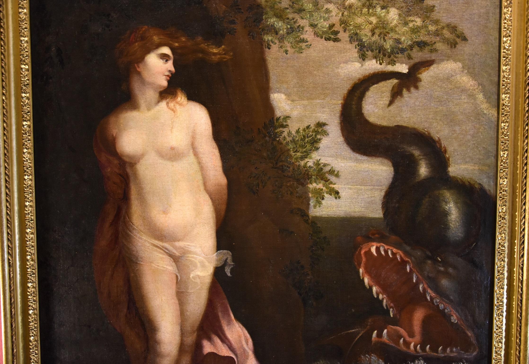 Andromeda Monster Paint Oil on canvas Old master 16/17th Century Roman school For Sale 7
