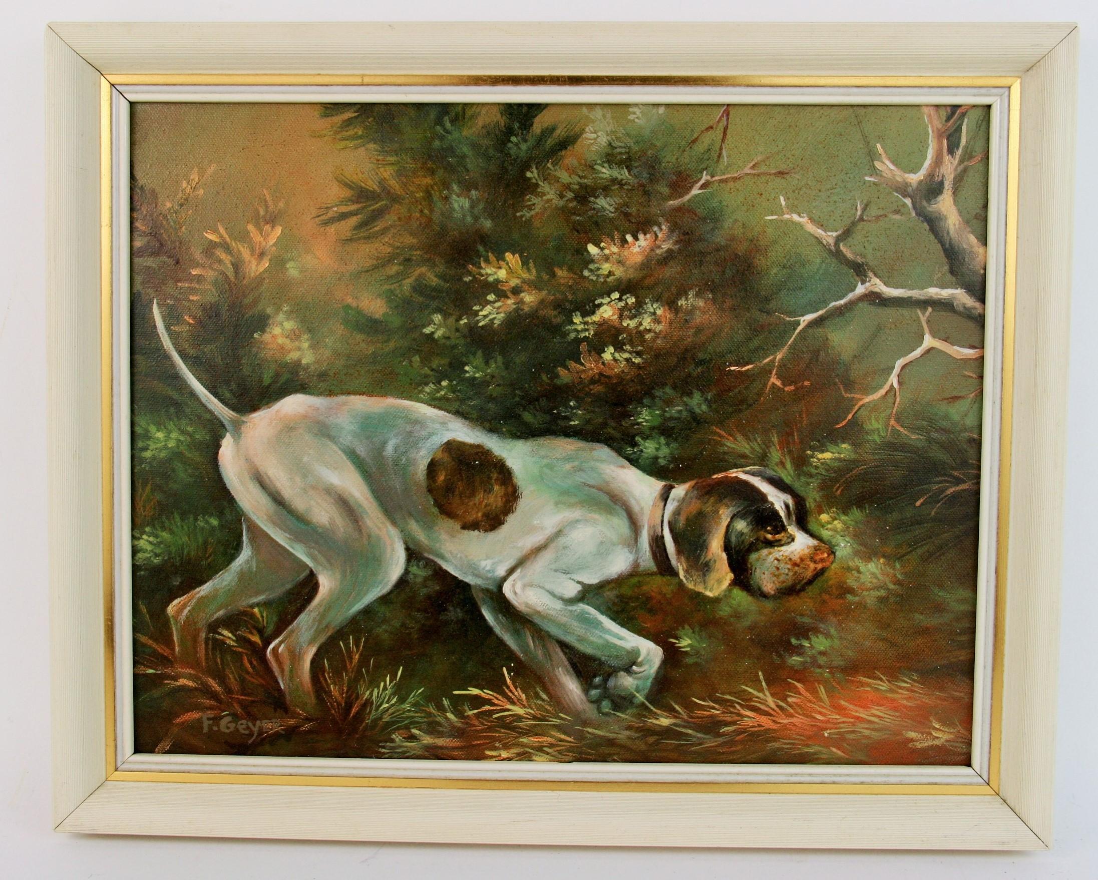 3302 Chien de chasse huile sur toile appliquée sur carton présentée dans un cadre en bois
Signé Geyer
Taille de l'image 10.25x13.5