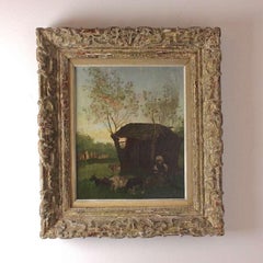 Painting School of Barbizon 19th Century Rural Scene with Peasant Girl and Goats