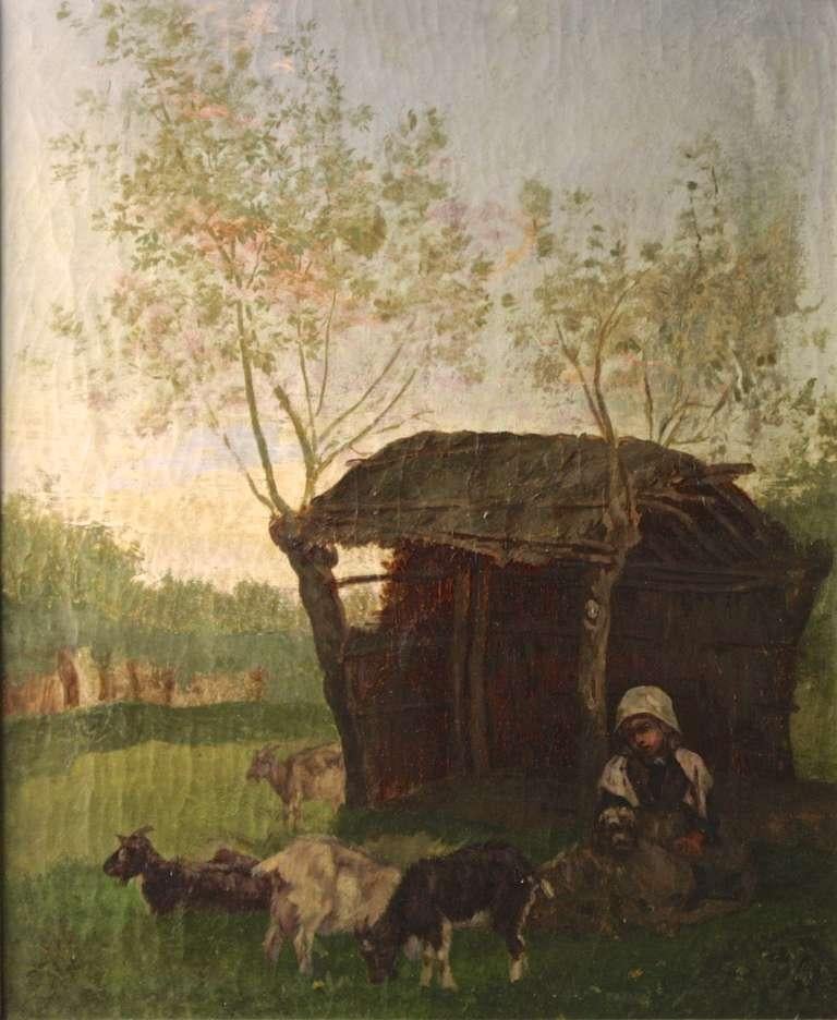 École de Barbizon École de peinture de Barbizon Scène rurale du 19e siècle avec fille paysanne et chèvre en vente
