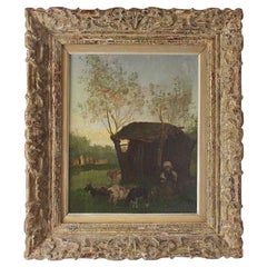 Painting School of Barbizon 19th Century Rural Scene with Peasant Girl and Goats