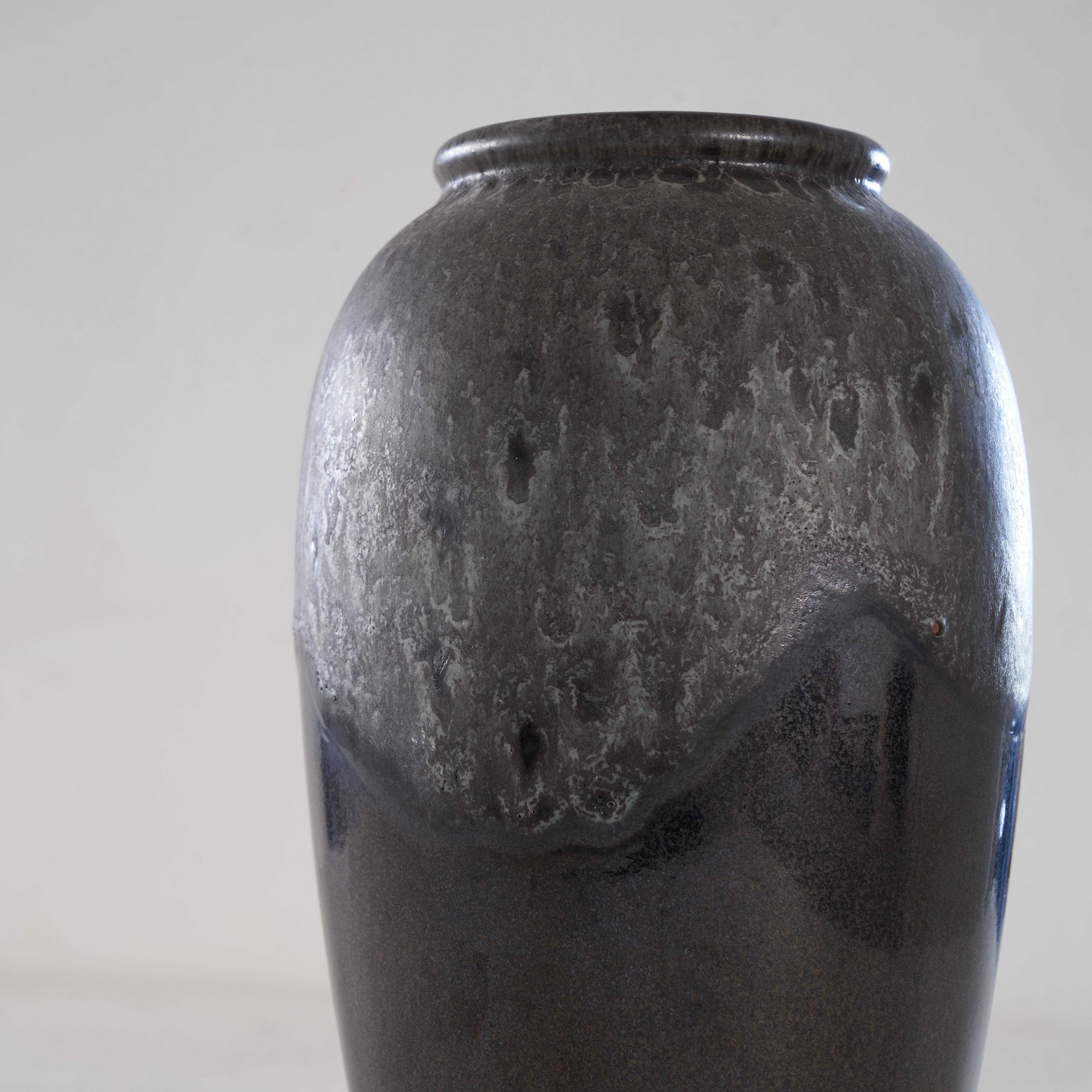 German Painterly Decorated Anthracite Mid Century Pottery Vase