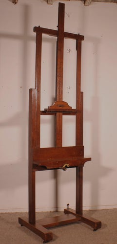 Painter's Easel In Oak And Walnut XIXth Century With Worm Screw