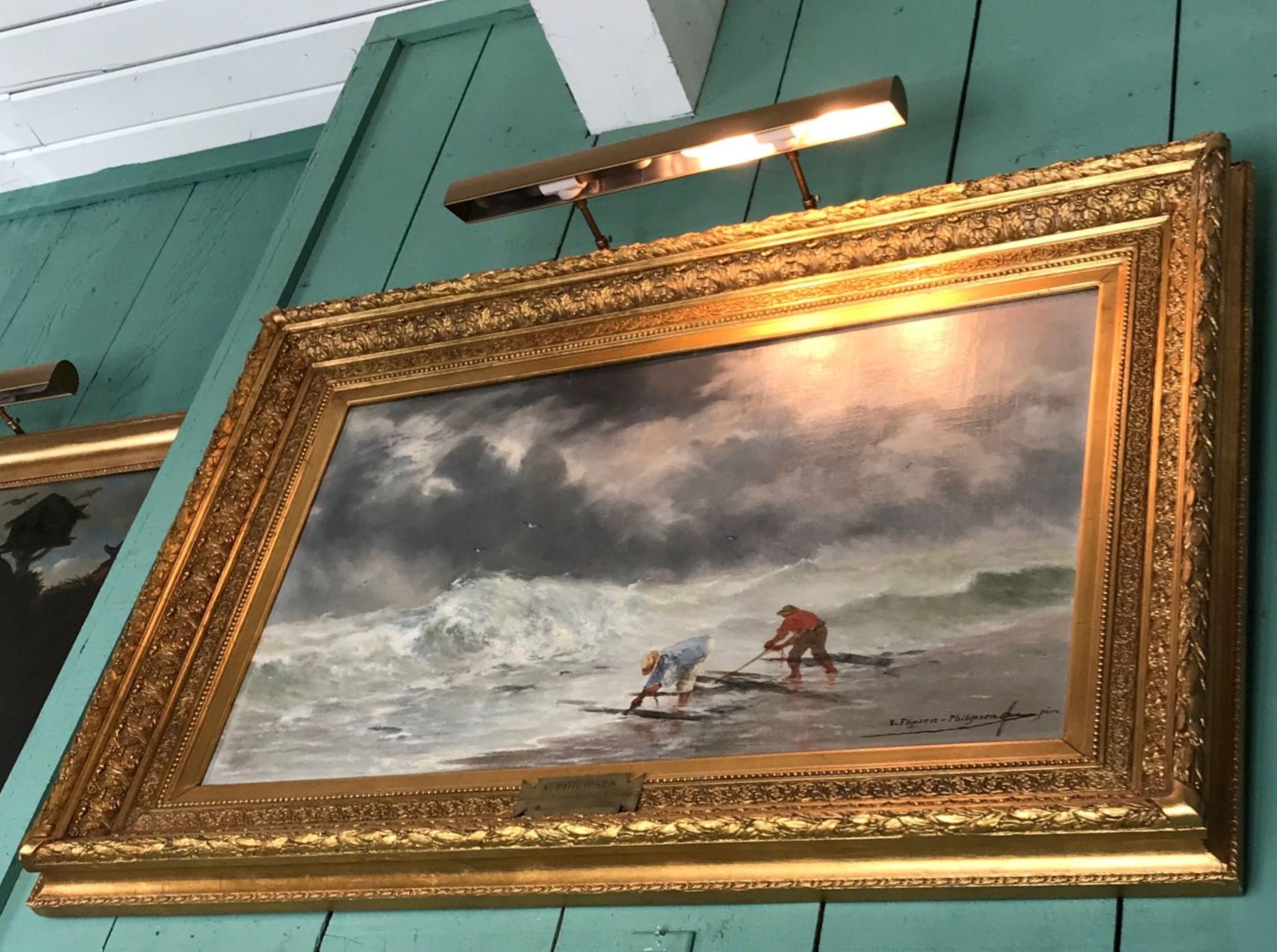 Painting 19th Century by Victor Philipsen Seascape Skies Stormy Day at the Beach In Good Condition In West Hollywood, CA