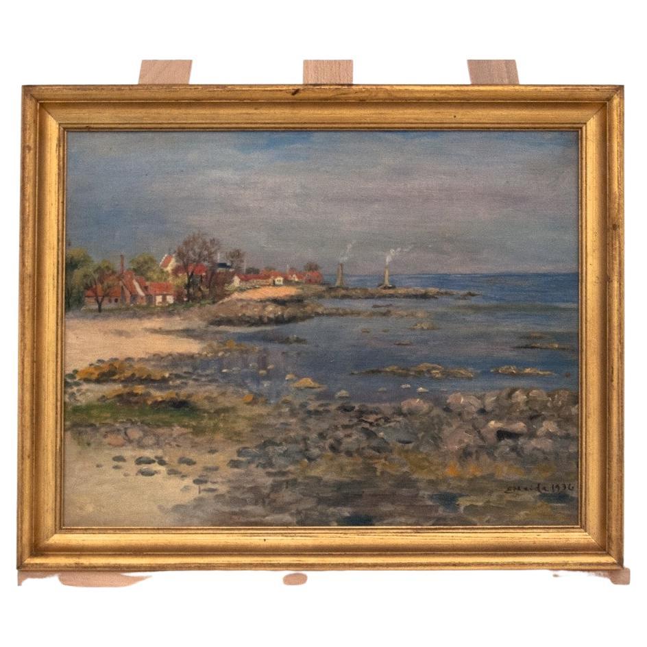 Painting "A Town on the Coast" signed E. Heide 1936s For Sale