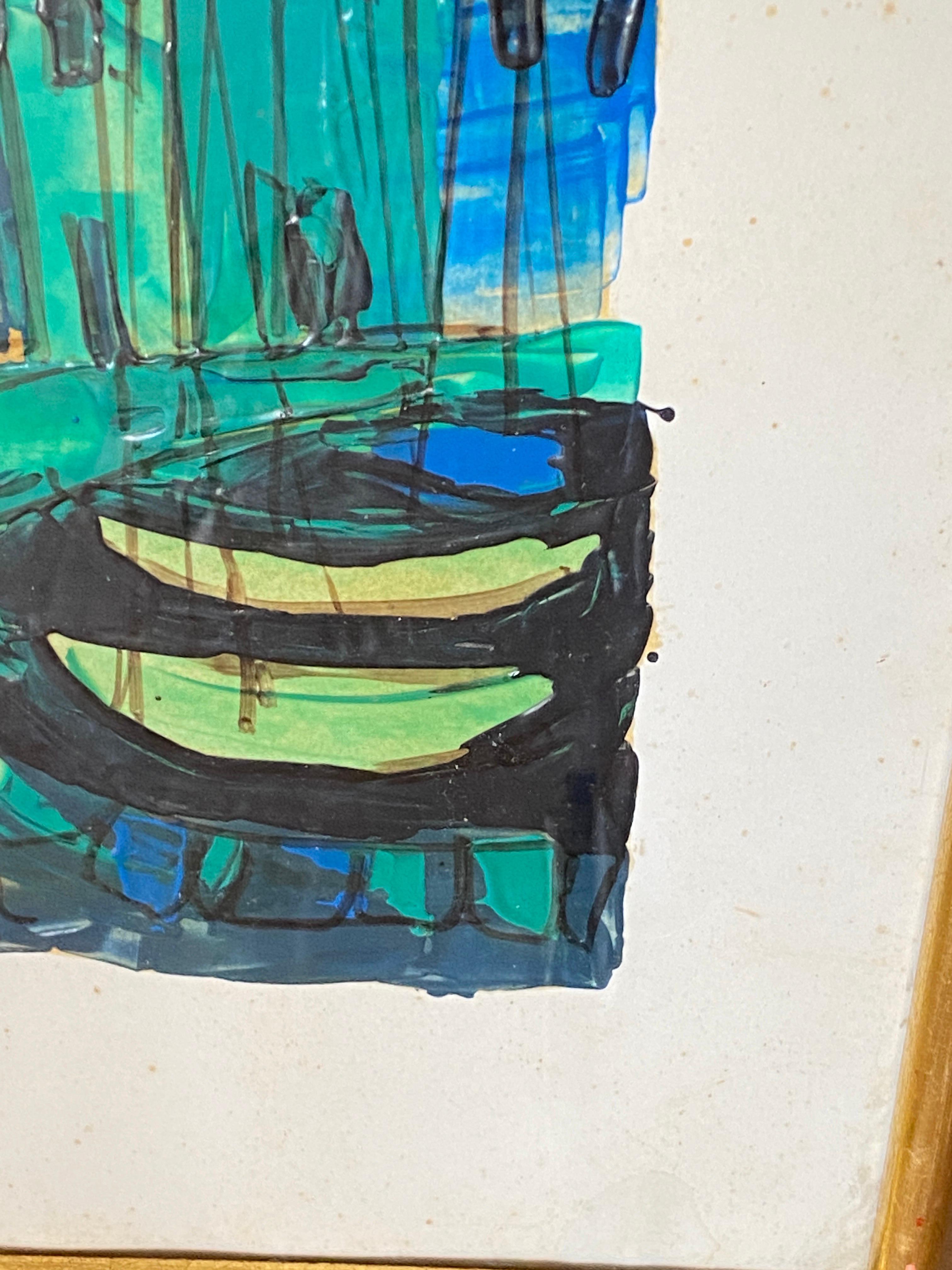 Legno Pittura astratta, scena del porto di Saint Tropez, Francia, 1960 in vendita