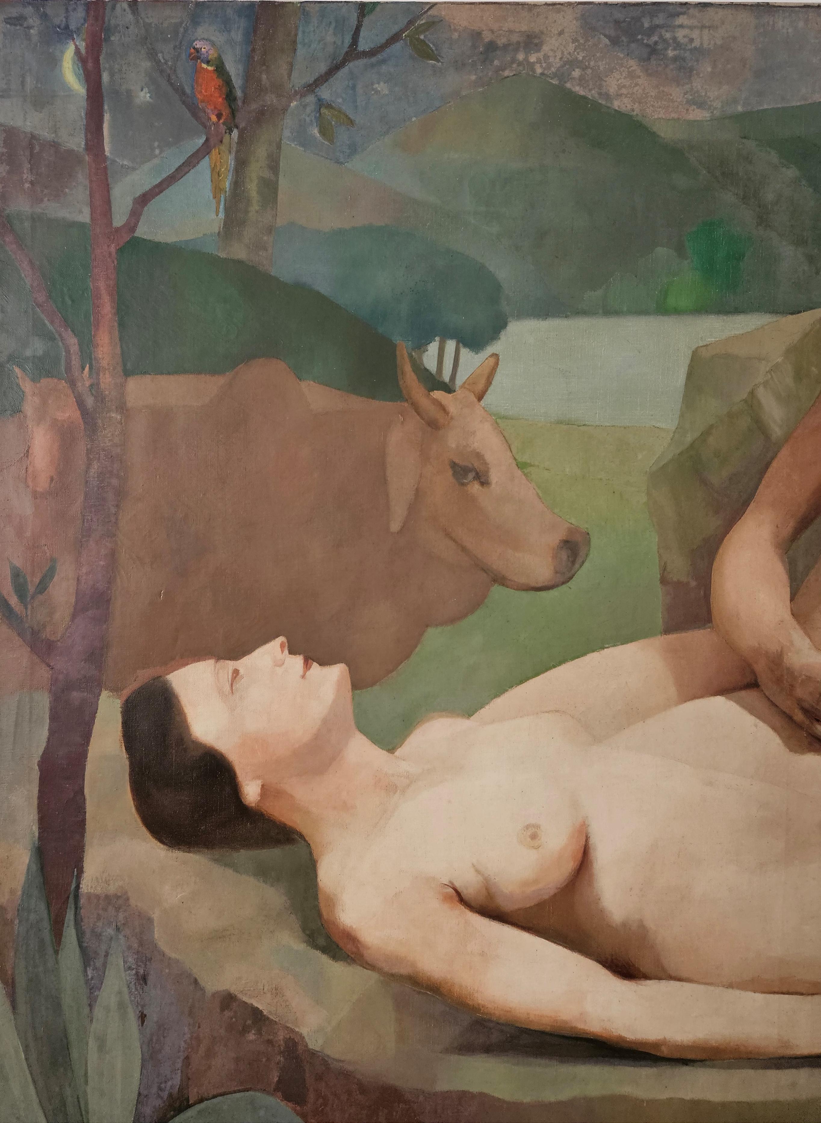 Gemälde Adam und Eva im Paradies auf der Erde von J. Tilleux (Mitte des 20. Jahrhunderts) im Angebot