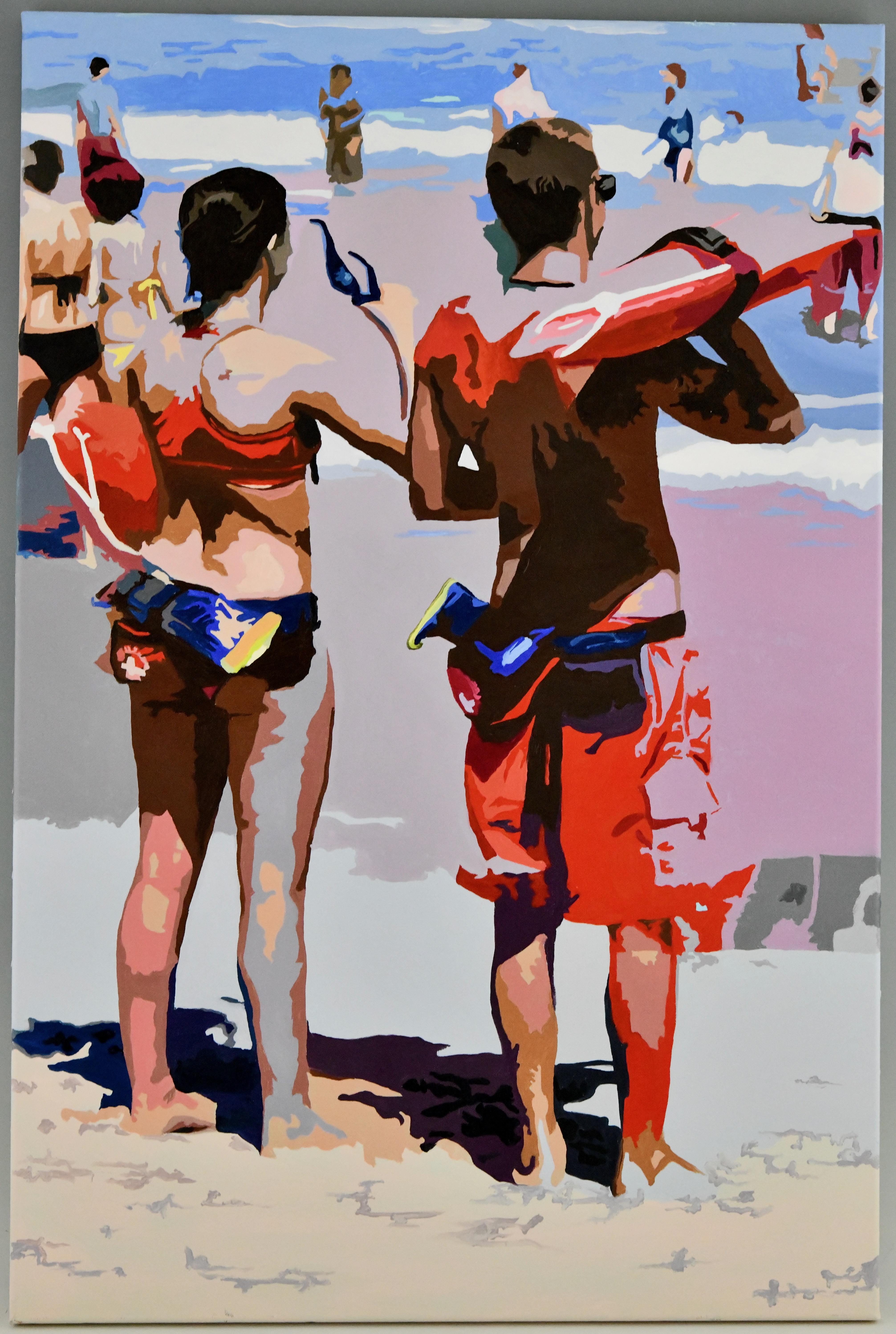 Français Peinture  Beach with lifeguards de Carole Grandgirard, France 2023. en vente
