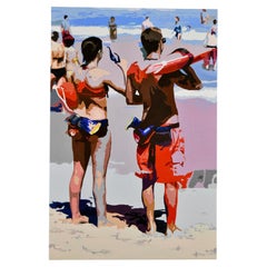 Pintura  Playa con socorristas por Carole Grandgirard, Francia 2023.