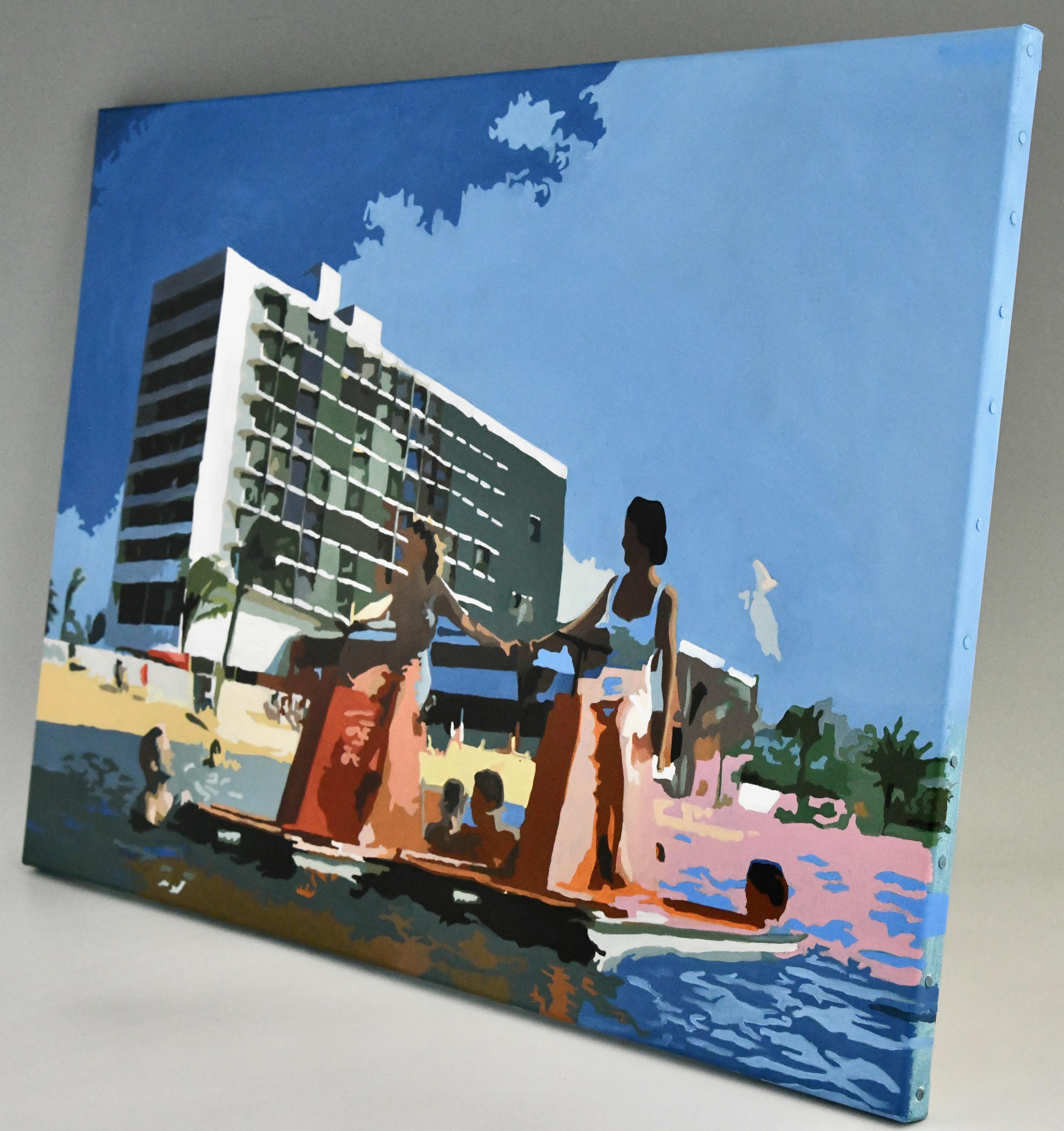 Pittura della spiaggia con biciclette ad acqua LES PEDALOS. 
Di Carole Grandgirard, titolo e firma sul retro della tela.
Olio su tela. 
Contemporary, Francia 2024. 
Carole Grandgirard è una pittrice francese nata nel 1972. Appassionata d'arte, si è
