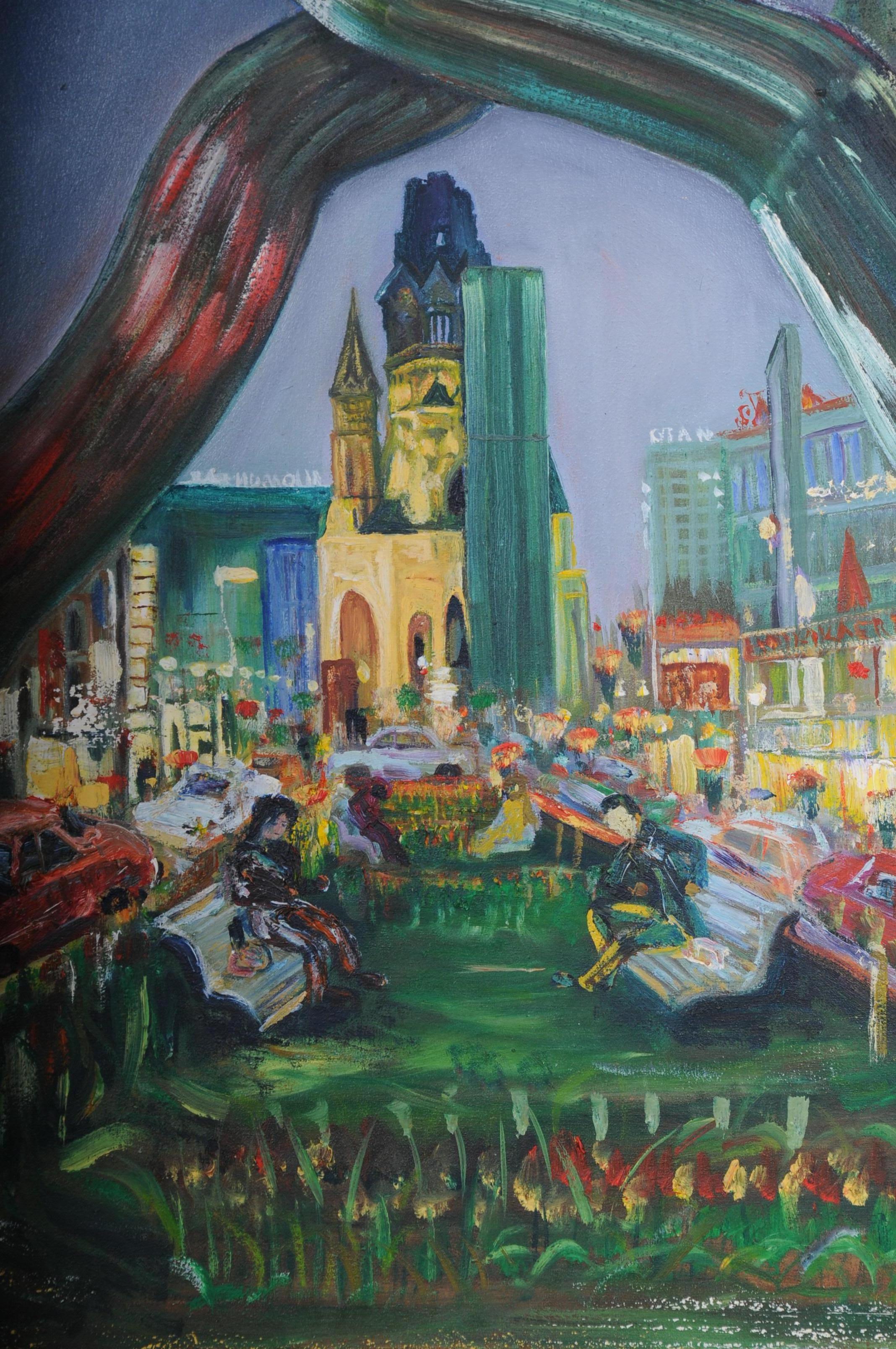 Gemälde Berlin Stadt Westansicht Kudamm / Kurfürstendamm Schild. A. Zaher (20. Jahrhundert) im Angebot