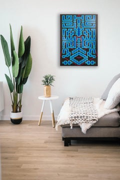 Peinture acrylique bleue et noire contemporaine futuriste et géométrique sur bois A-12