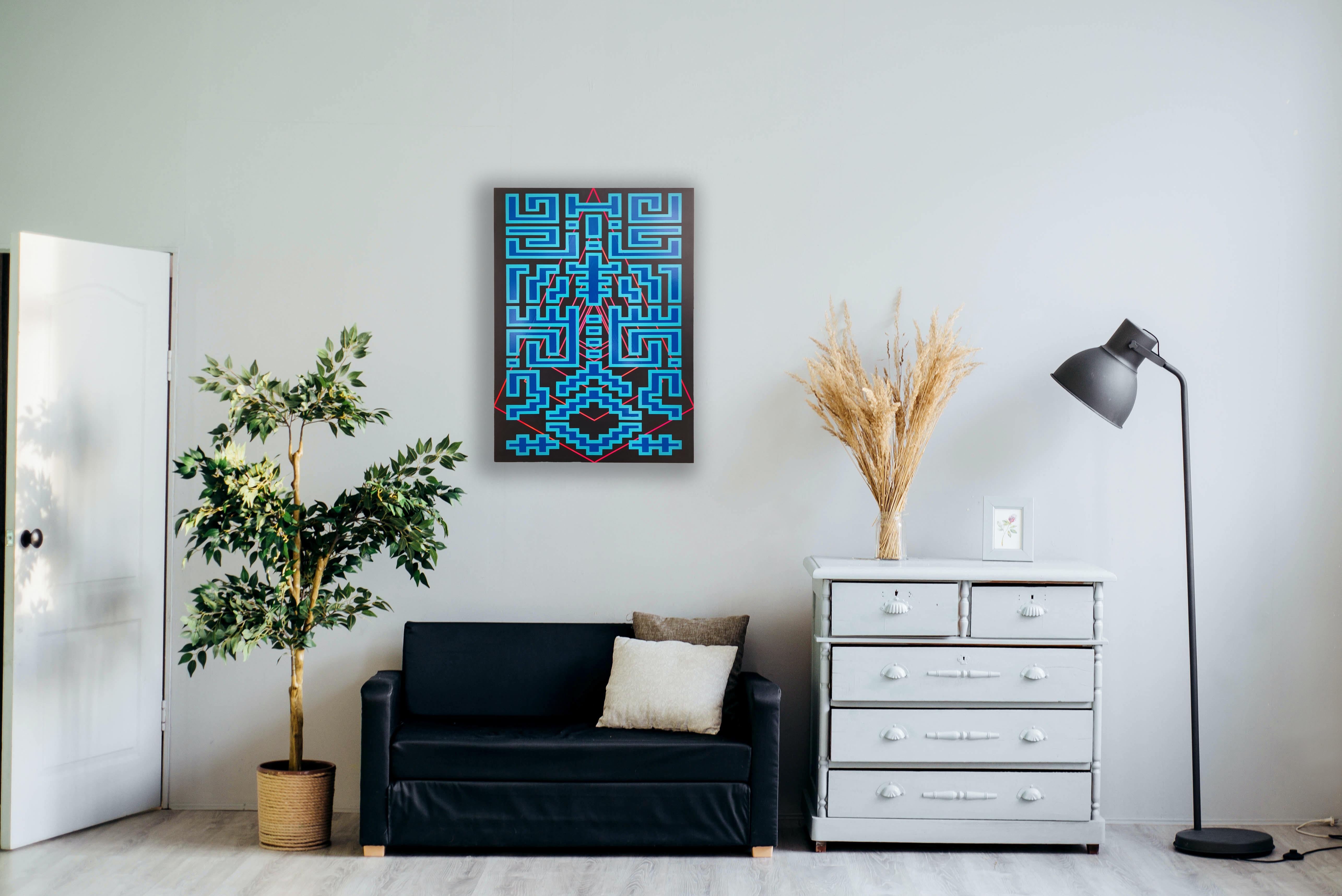 Modern Painting Blue Black Contemporary Geometric Futuristic Acrylic Spray on Wood A-12 For Sale