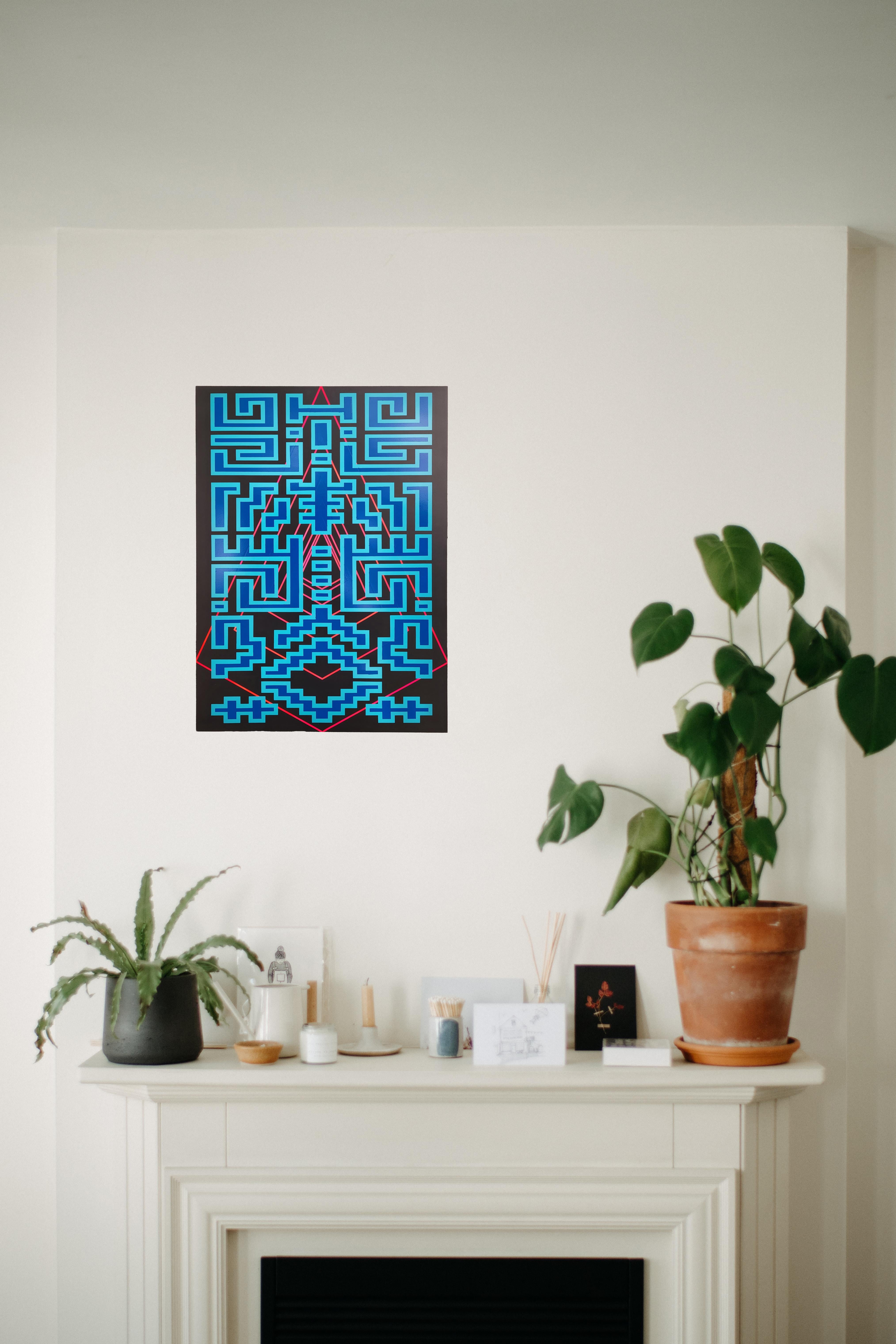 Spanish Painting Blue Black Contemporary Geometric Futuristic Acrylic Spray on Wood A-12 For Sale