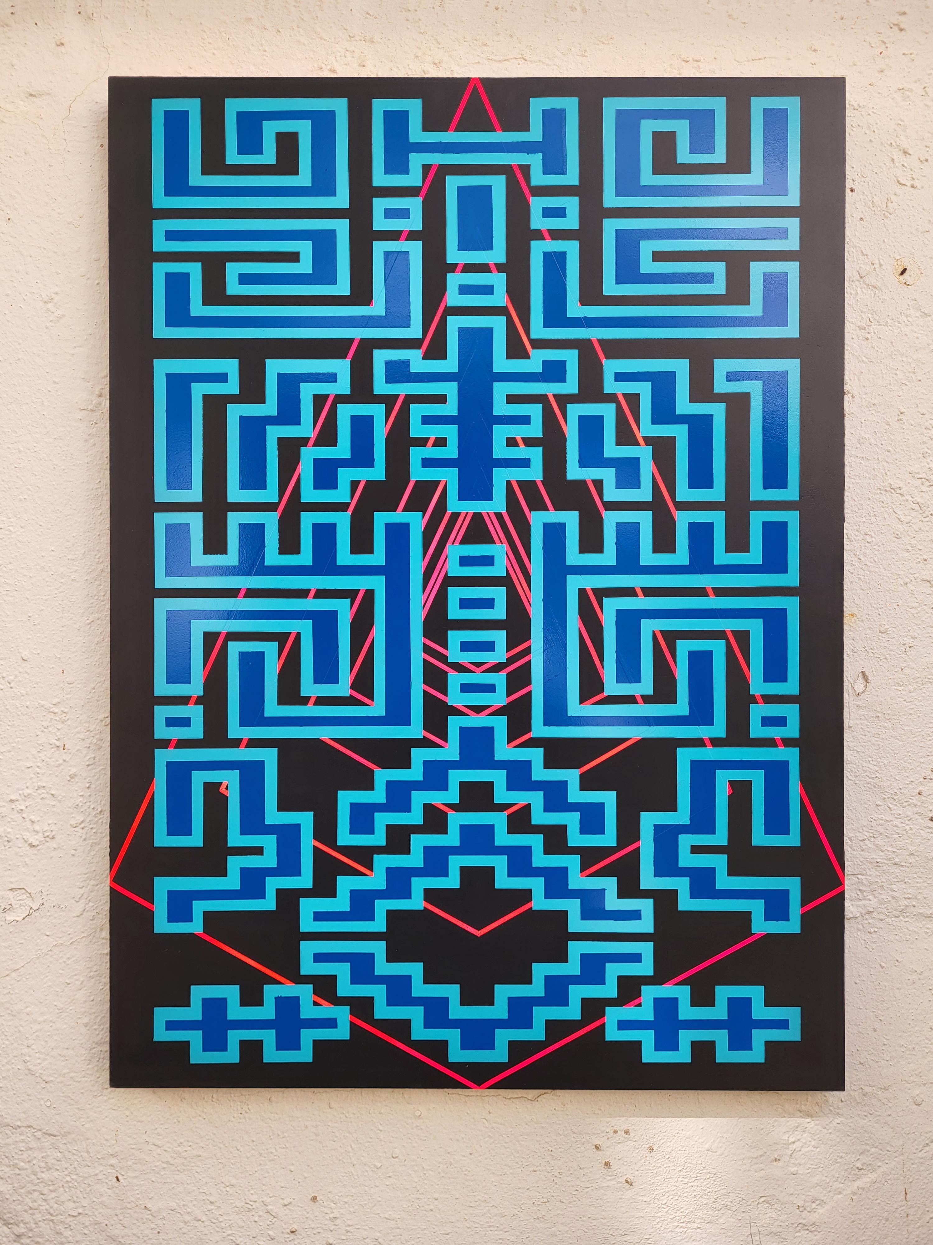 Painting Blue Black Contemporary Geometric Futuristic Acrylic Spray on Wood A-12 In New Condition For Sale In Seville, ES