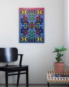 Painting Blue Color Contemporary Geometric Futuristic Acrylic Spray on Wood