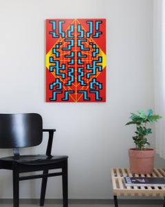 Peinture à l'aérographe futuriste géométrique bleue et rouge contemporaine sur bois A-9