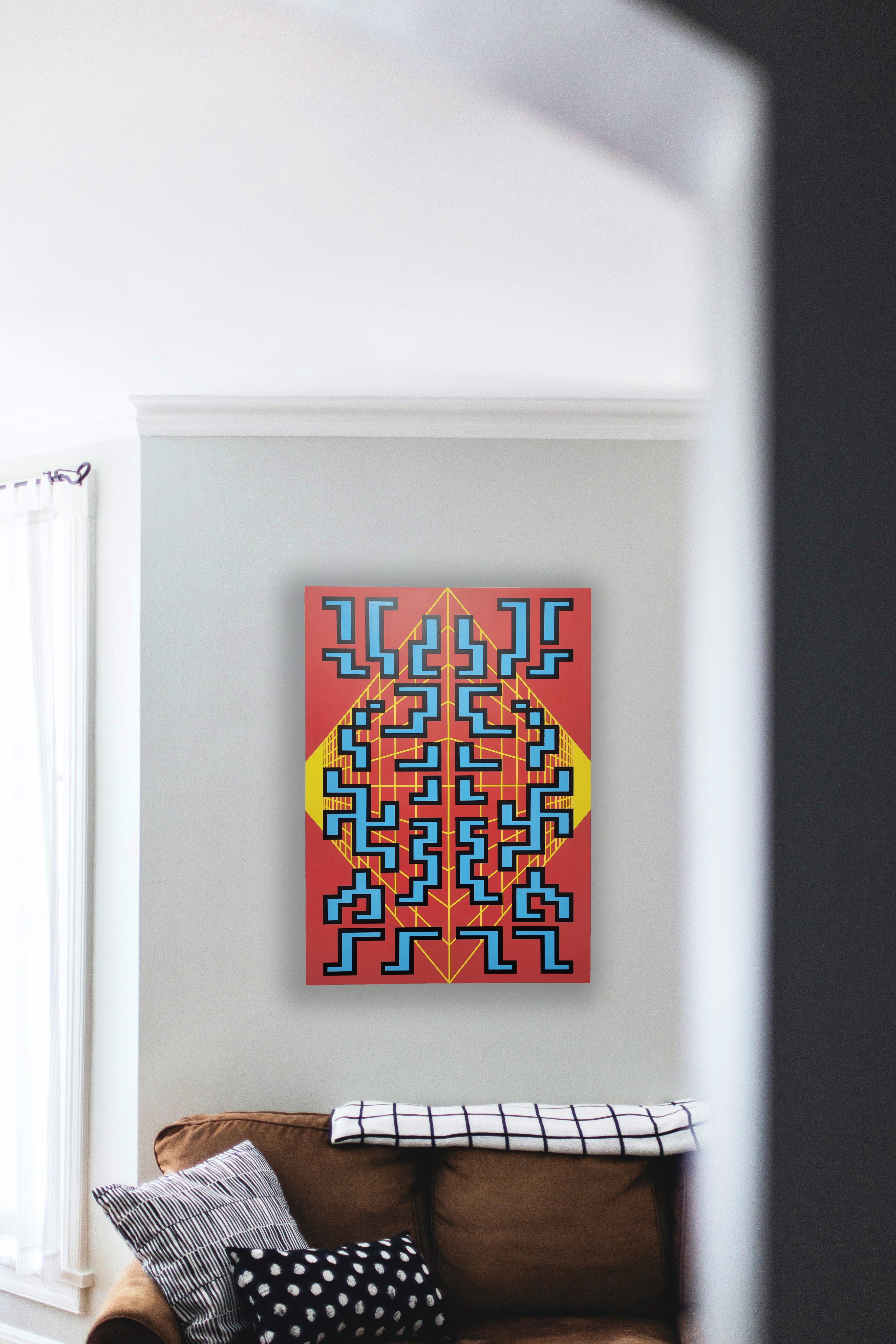 Spanish Painting Blue Red Contemporary Geometric Futuristic Acrylic Spray on Wood A-9 For Sale