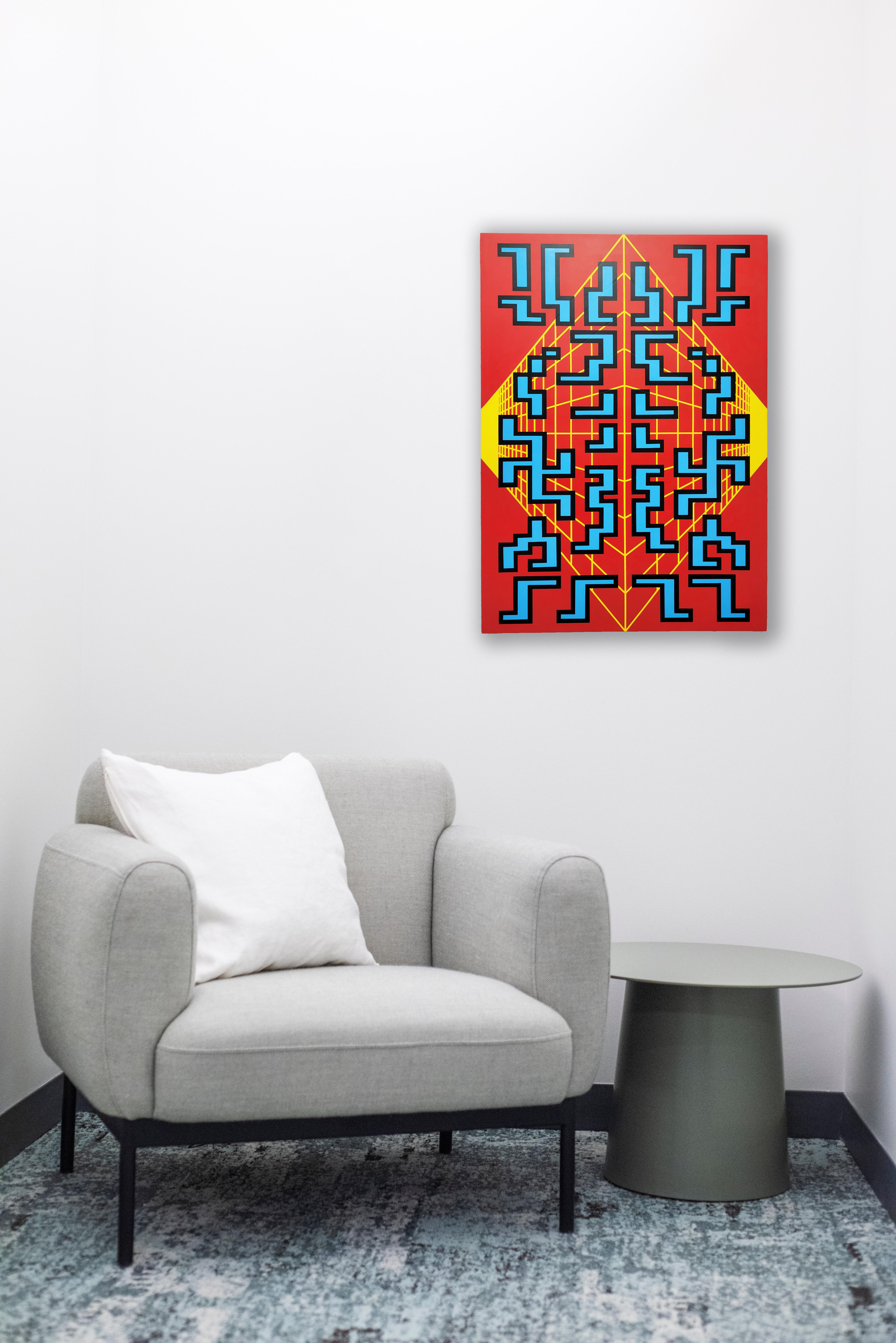 Painting Blue Red Contemporary Geometric Futuristic Acrylic Spray on Wood A-9 For Sale 1