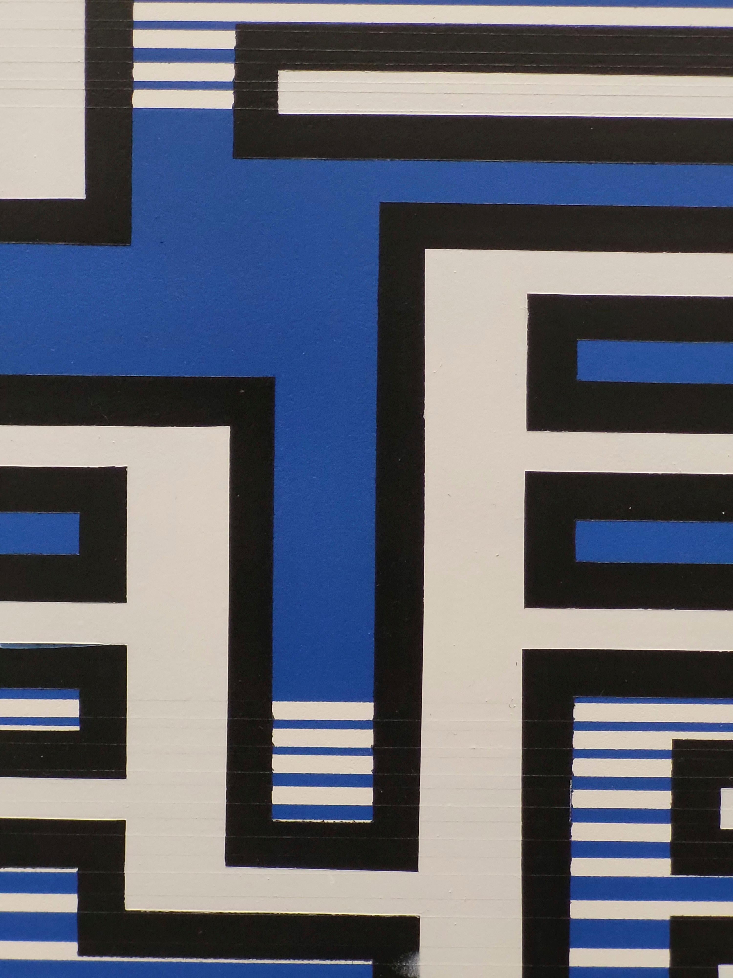 Hand-Painted Painting Blue White Contemporary Geometric Futuristic Acrylic Spray on Wood For Sale