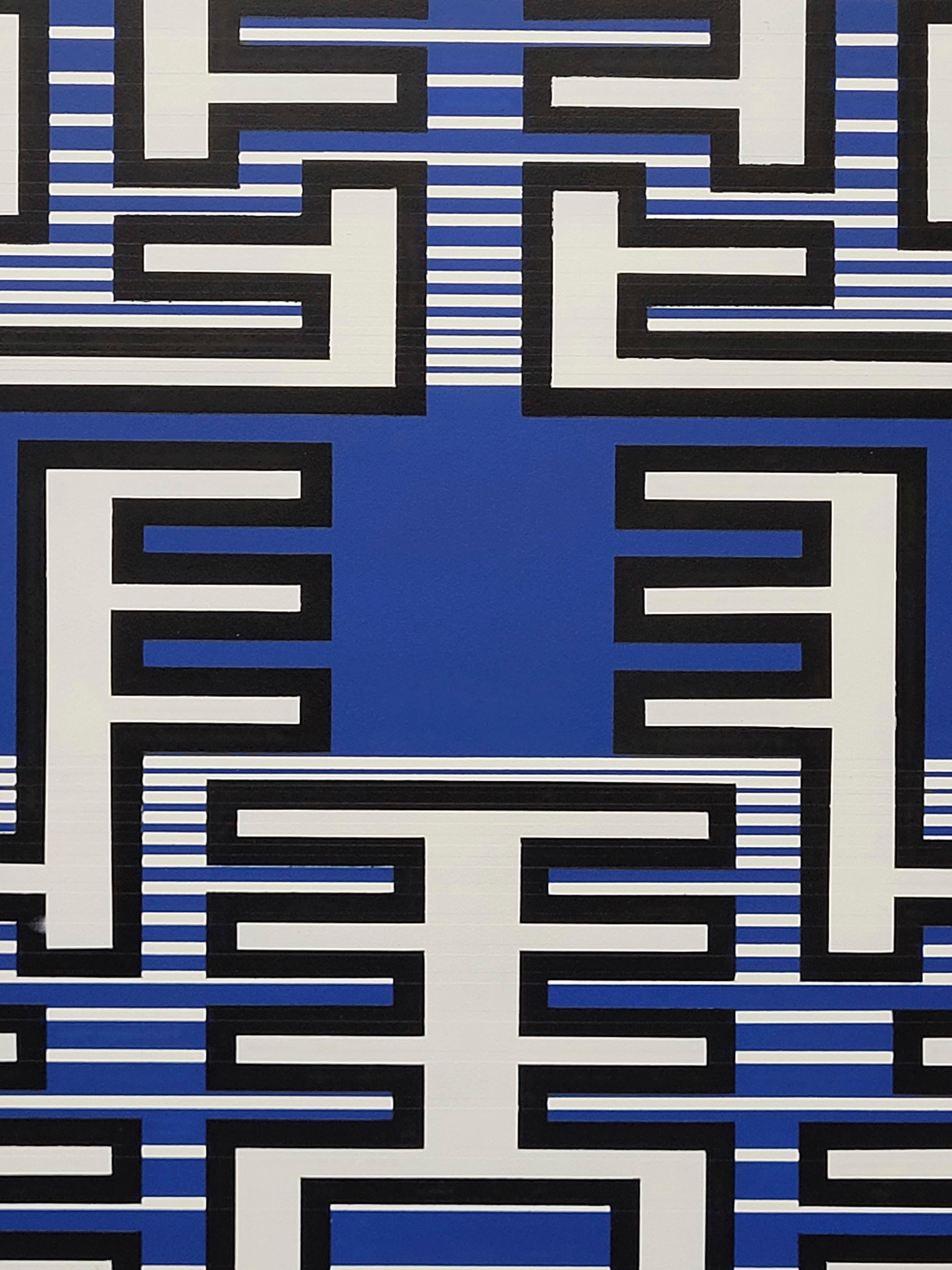 Painting Blue White Contemporary Geometric Futuristic Acrylic Spray on Wood In New Condition For Sale In Seville, ES