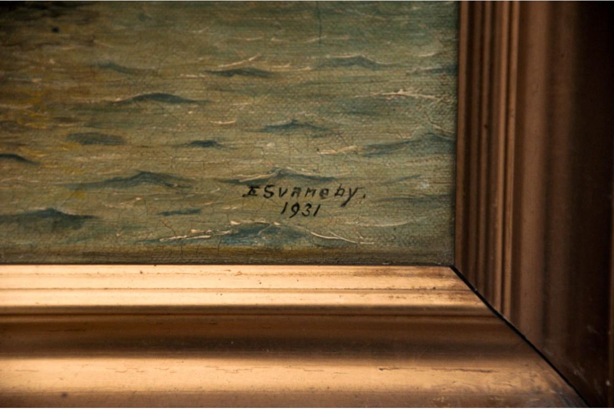 Autre Peinture « Bateau en mer », huile sur toile, E. Svaneby 1931 en vente