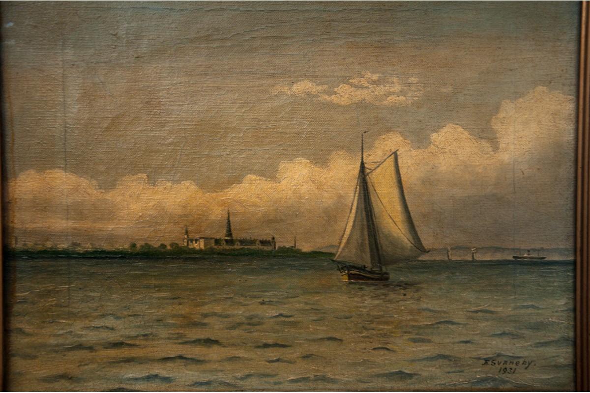 Danois Peinture « Bateau en mer », huile sur toile, E. Svaneby 1931 en vente