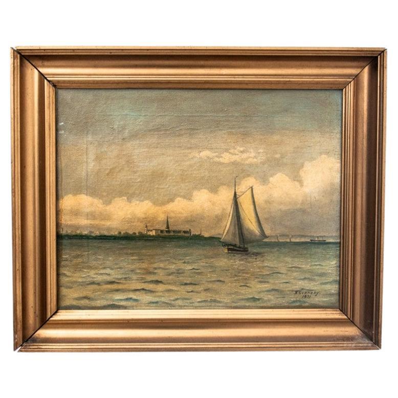 Peinture « Bateau en mer », huile sur toile, E. Svaneby 1931 en vente