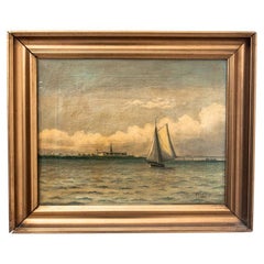 Peinture « Bateau en mer », huile sur toile, E. Svaneby 1931