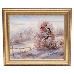 Vintage Painting "Bullfinches at Winter Time" 