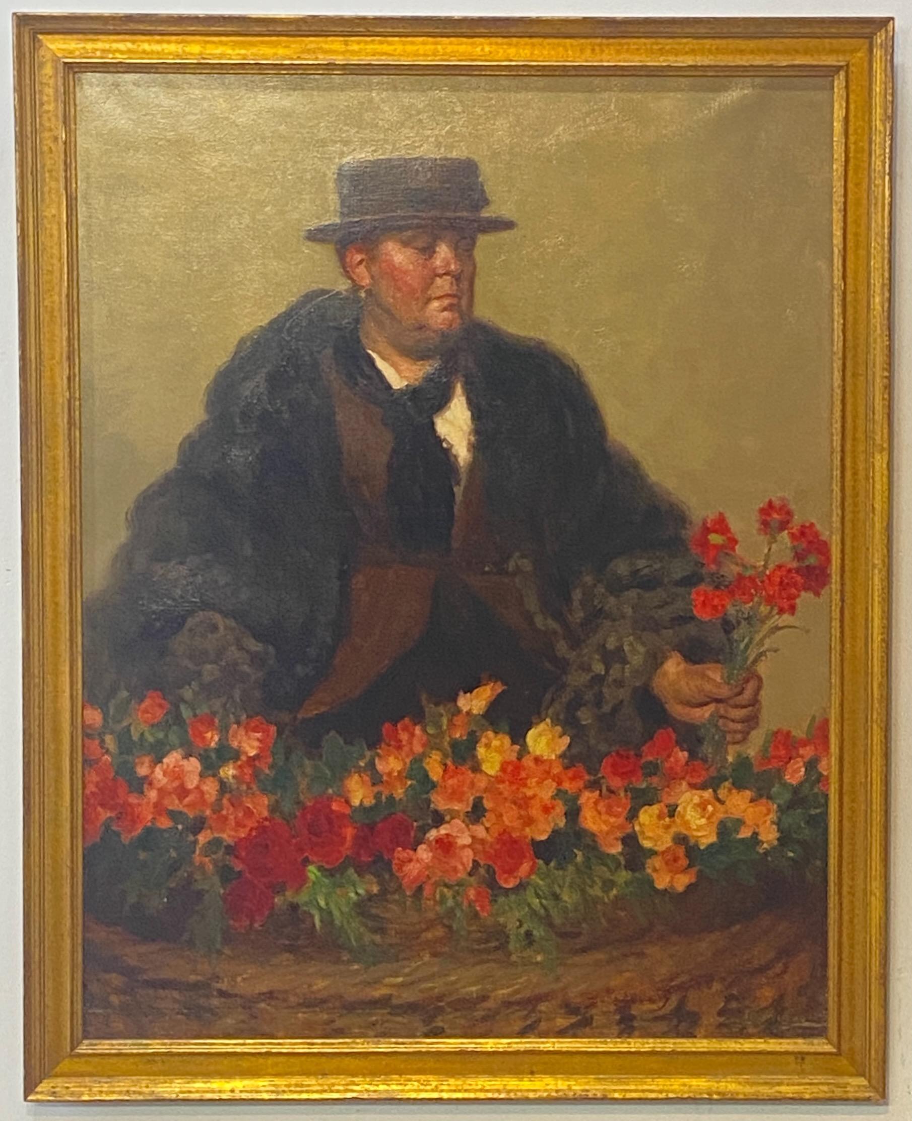 Large painting titled 'The Flower Seller' by Alfred Jonniaux (b.1882 - d.1974).
Framed oil on canvas. Signed, and with documented exhibit brochure (please see all photos).
Image without frame measures 36 x 28 inches.

Portrait painter. Born in