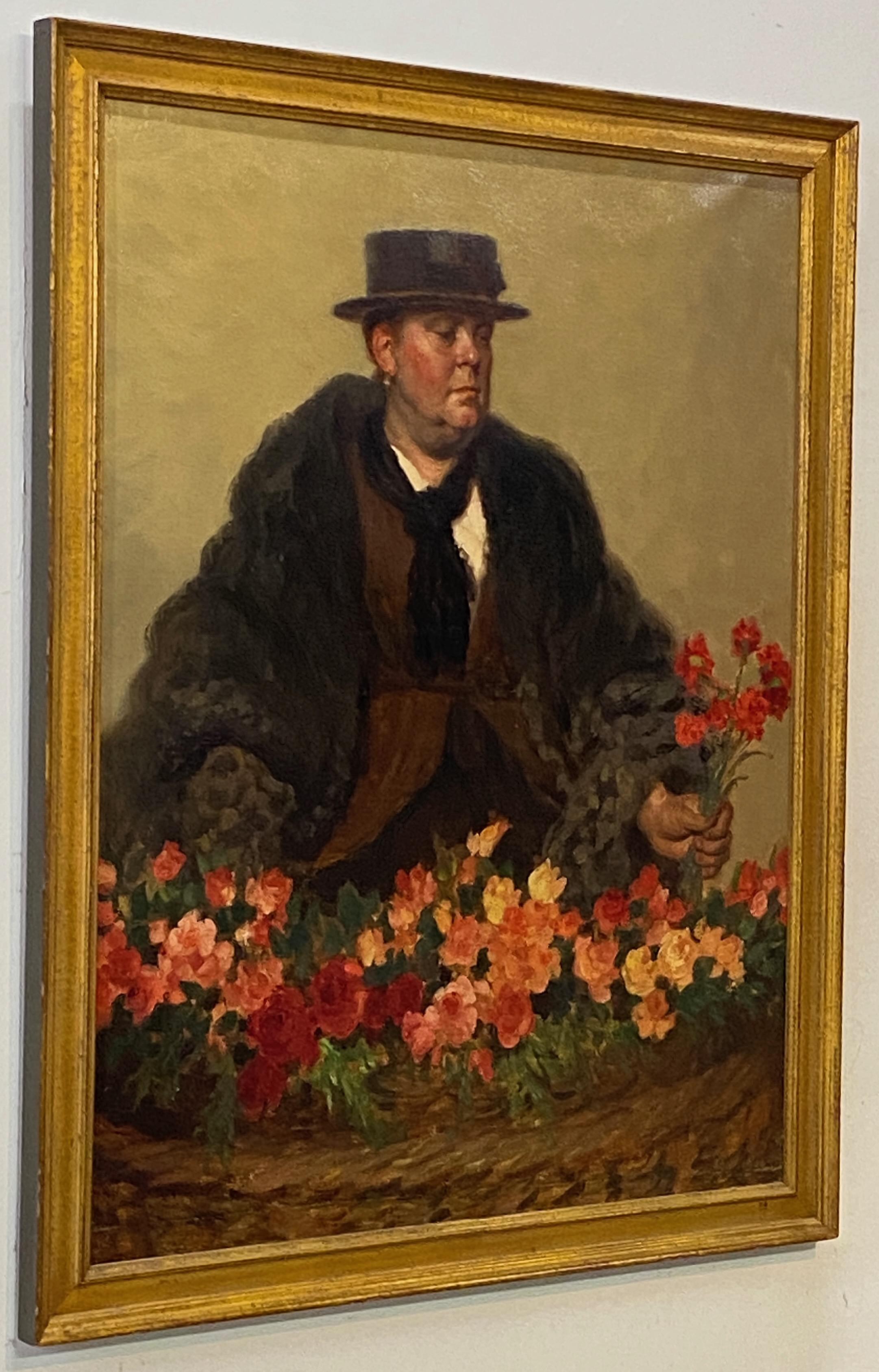 Hand-Painted Painting by Alfred Jonniaux “The Flower Seller” For Sale