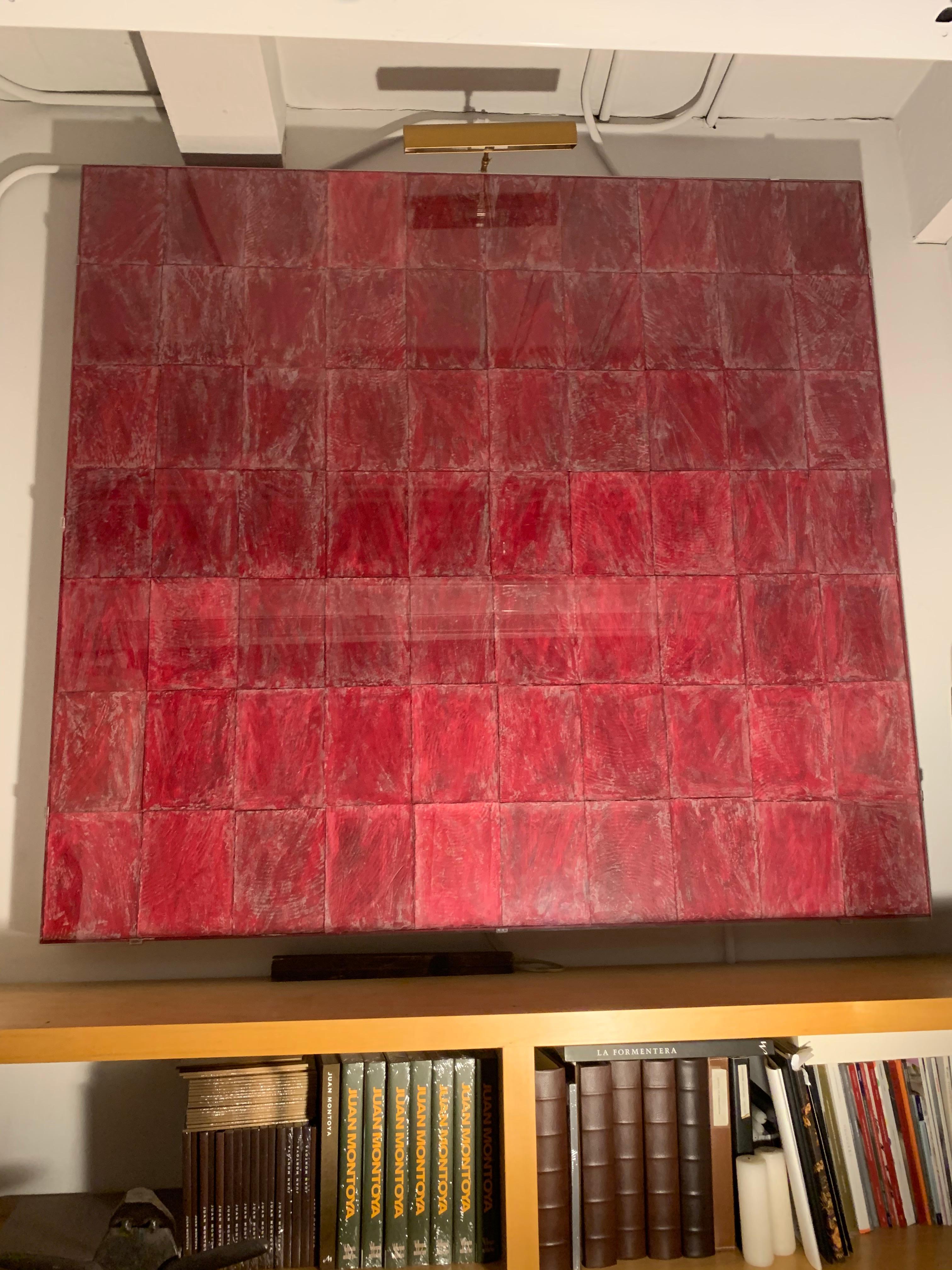 Painting by artist Robert Courtright on paper mounted on wood panel. Collage with 70 red rectangles. Mounted under plexiglass.

Property from esteemed interior designer Juan Montoya. Juan Montoya is one of the most acclaimed and prolific interior