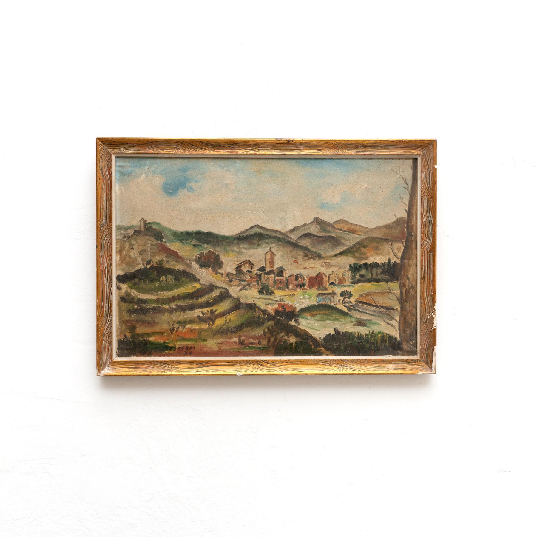 Dipinto di Ballesteros, 1974.    

Olio su tela. 

Firmato e datato.    

In condizioni originali, con alcuni segni visibili dell'uso e dell'età precedenti, che conservano una bella patina.  

Il telaio è un po' danneggiato.    

Materiali:  Olio su