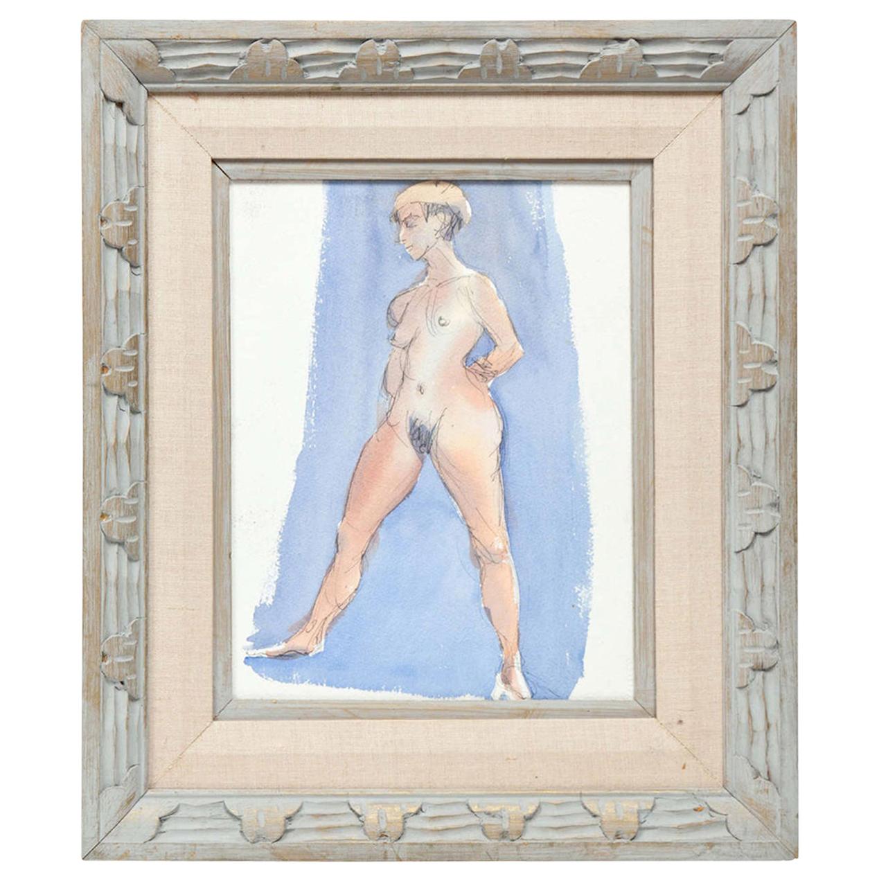Painting by Barbara Pound, circa 1960, Sky Blue and Rose, Female Nude Painting