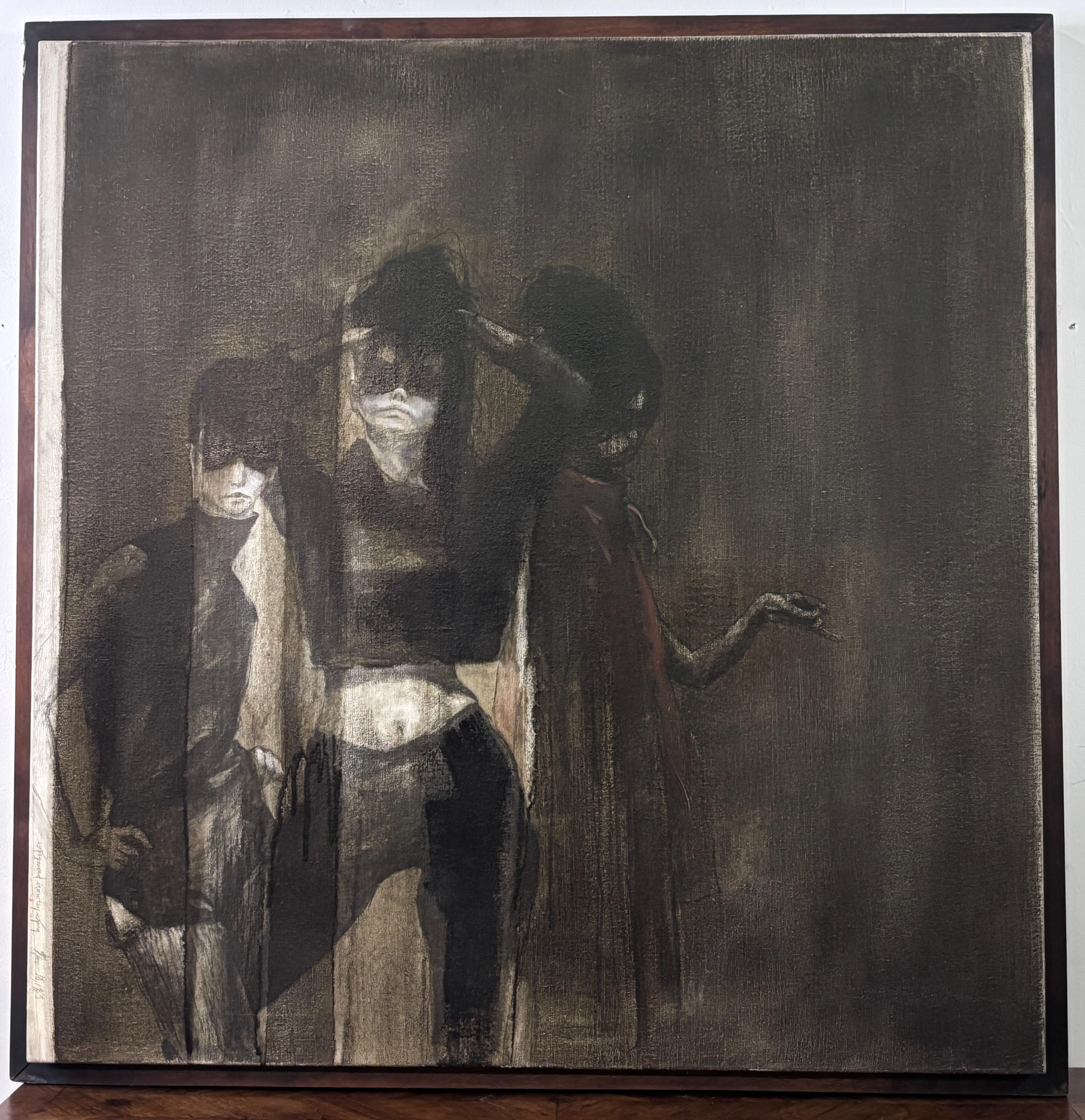 Ein großes Gemälde des Künstlers Raymond Rowley King aus San Francisco / Bay Area. Acryl auf Leinwand in einem Rahmen aus Nussbaumholz. 
Titel: 