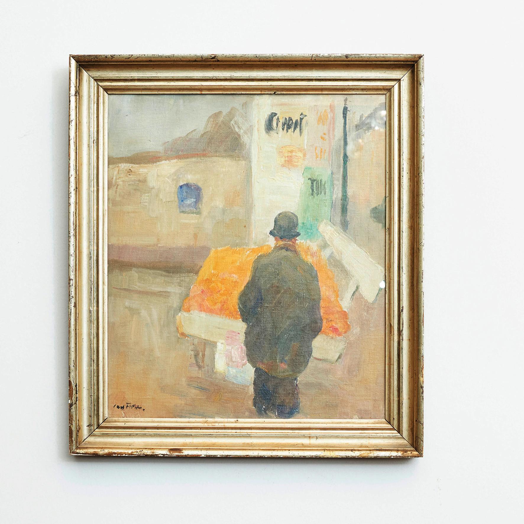 Painting by Carl Fischer (1887-1962), signed. Oil on canvas.
Motif of French village scene, a man standing next to bench, France, circa 1930.
Original silver frame. Front glass-mounted (this is removable)

Measures: Without frame:
H. 50, W. 43