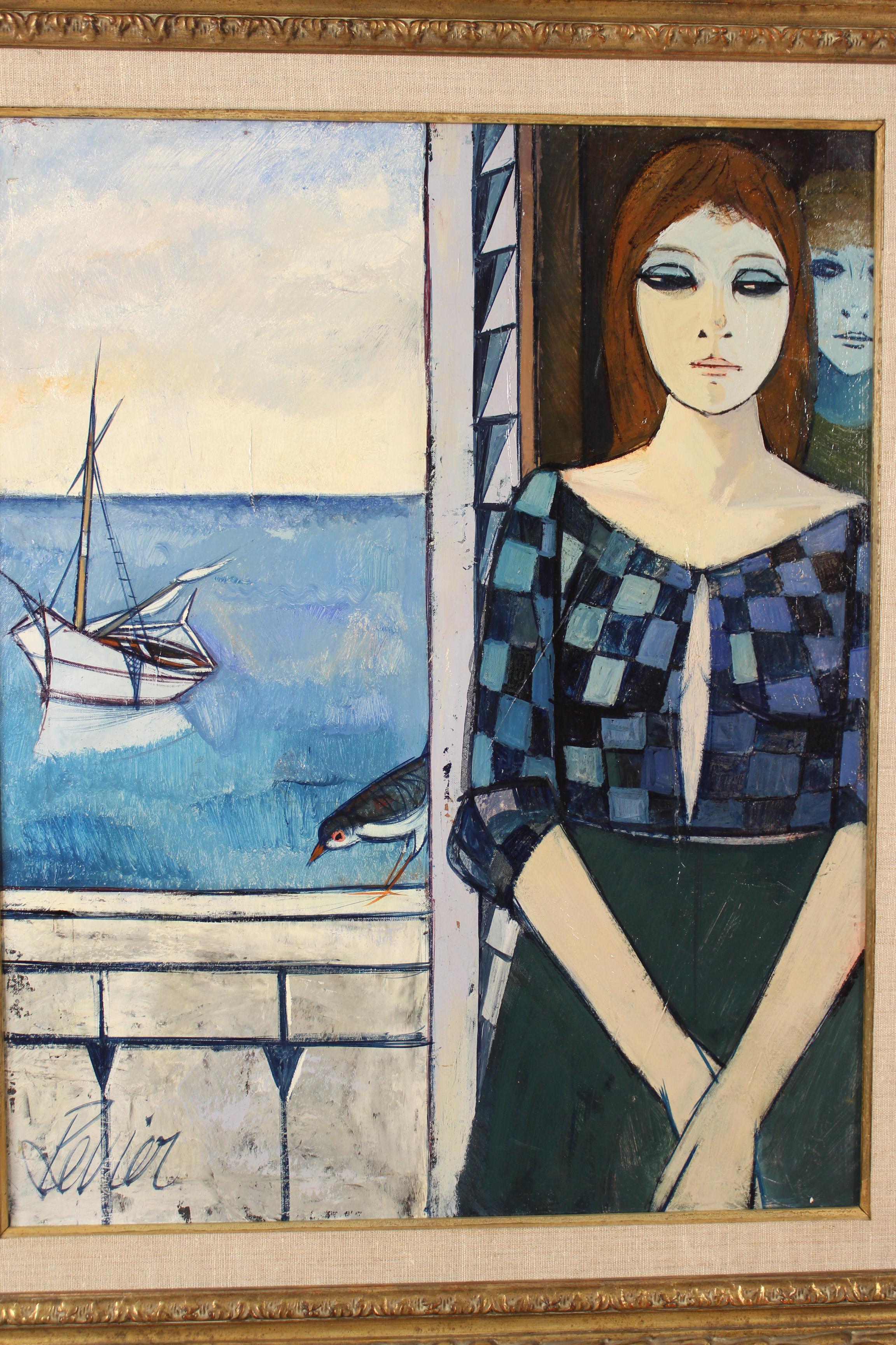 Painting of a pensive young lady with her back to the sea by French artist Charles Levier (1920-2003). Oil on canvas. Frame dimensions, height 38.75