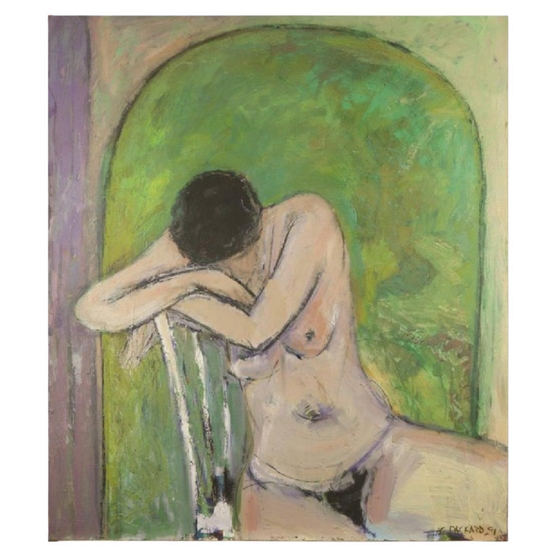 Painting by Cynthia Packard, "Seated nude in green archway"