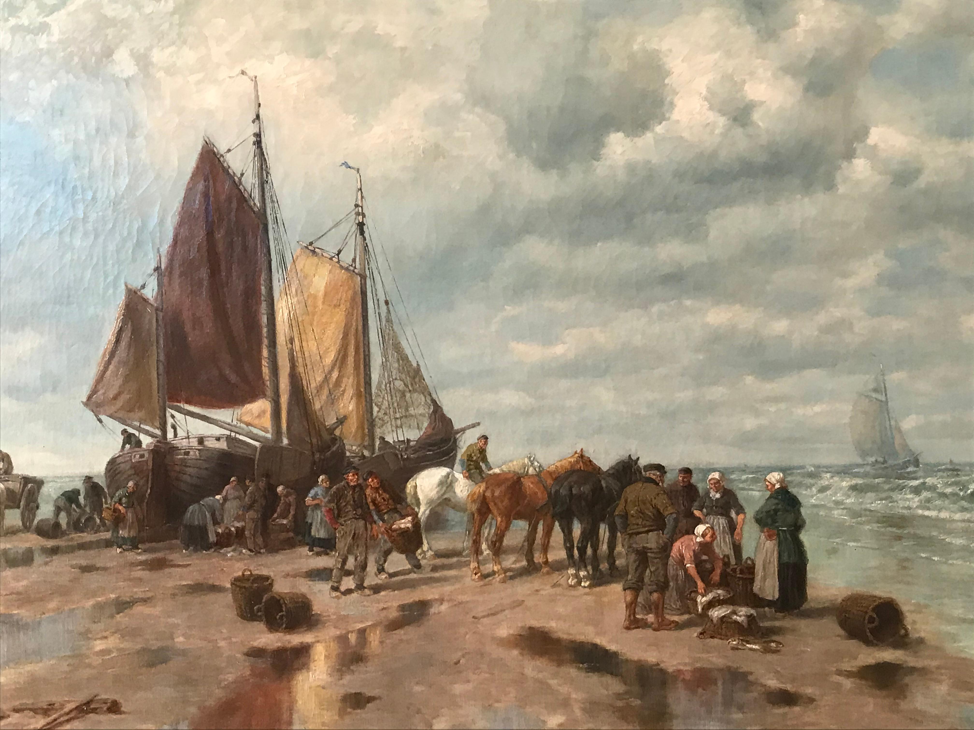 German Painting by Desiree Thomassin “Fishermen on the Beach” For Sale