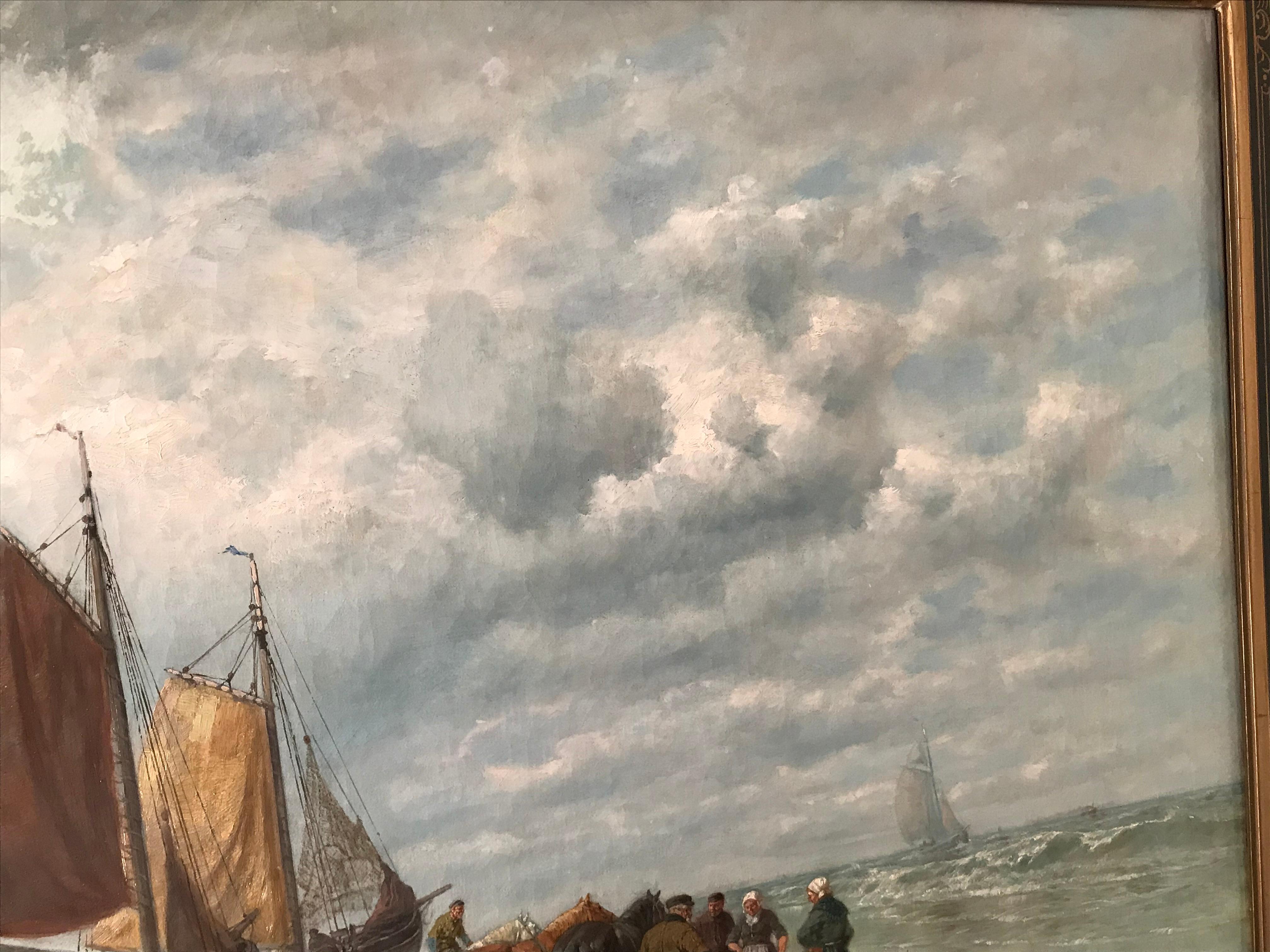 Late 19th Century Painting by Desiree Thomassin “Fishermen on the Beach” For Sale