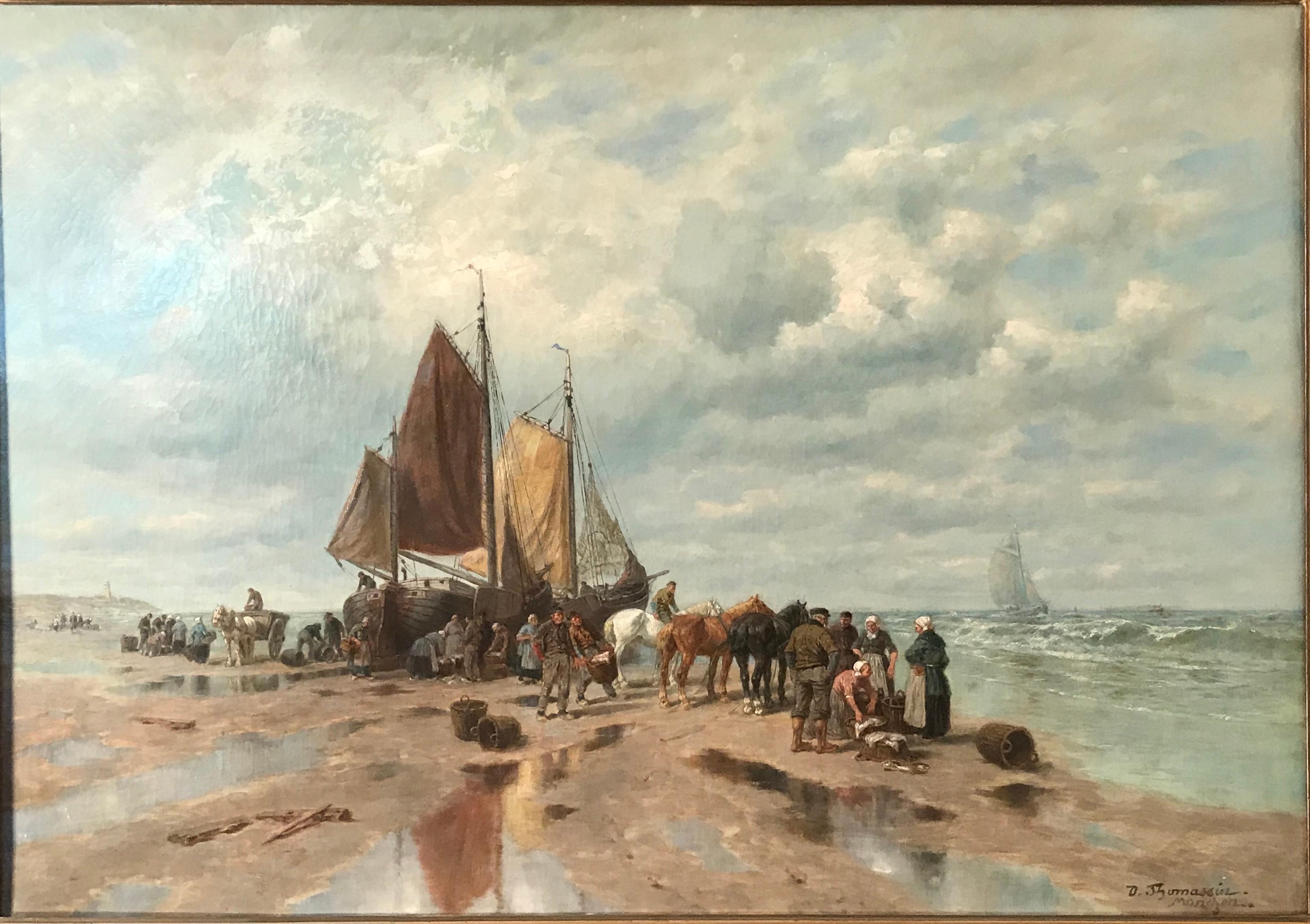 Painting by Desiree Thomassin (1858 Vienna - 1933 Munich), “Fishermen on the Beach”, oil on canvas 78x 110 cm (size without frame), 104 x 134 cm (with frame), signed lower right.

A very atmospheric scene with multiple figures, horses, boats and