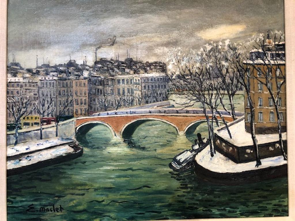 Elisee Maclet ( 1881-1962)

 Very well listed French artist. Studied in Paris, was influence by many famous French artists of the beginning of the 20th century

“Winter River”, circa 1915-1920
Oil on canvas, 
signed lower left.

 Measures: